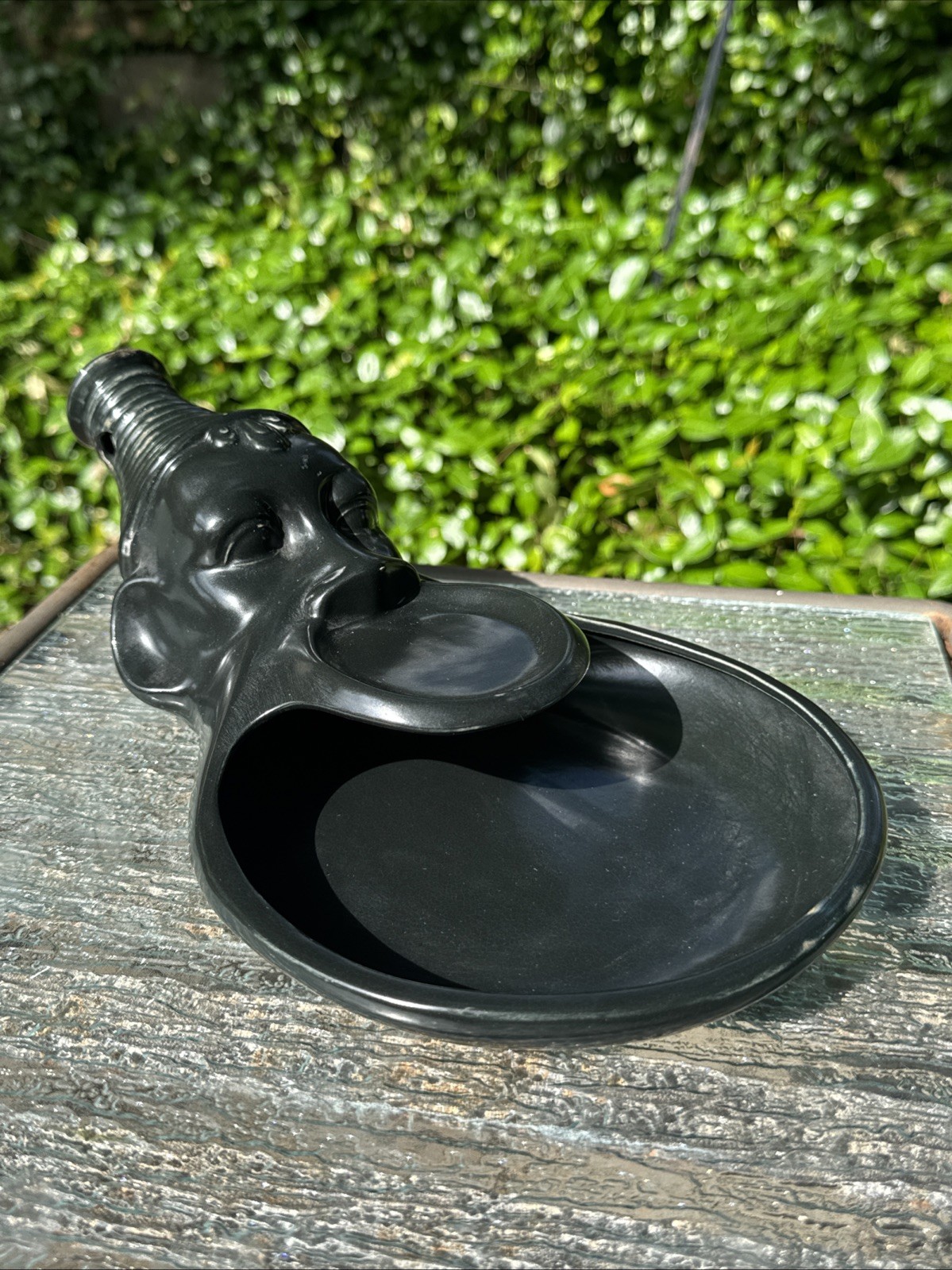 Vintage 1950s MCM African Tribal Black Ceramic Ashtray And Trinket Dish Figure