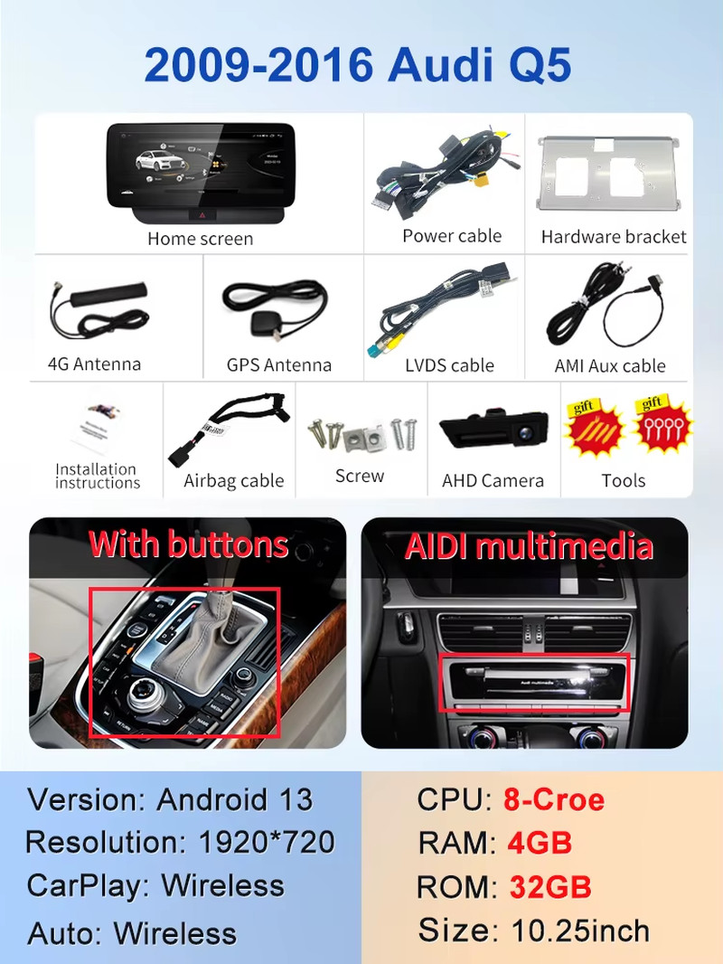 Factory Price 8G 64G Android13 12.3inch Carplay AUTO For AUDI 09-16 Q5 Car Video