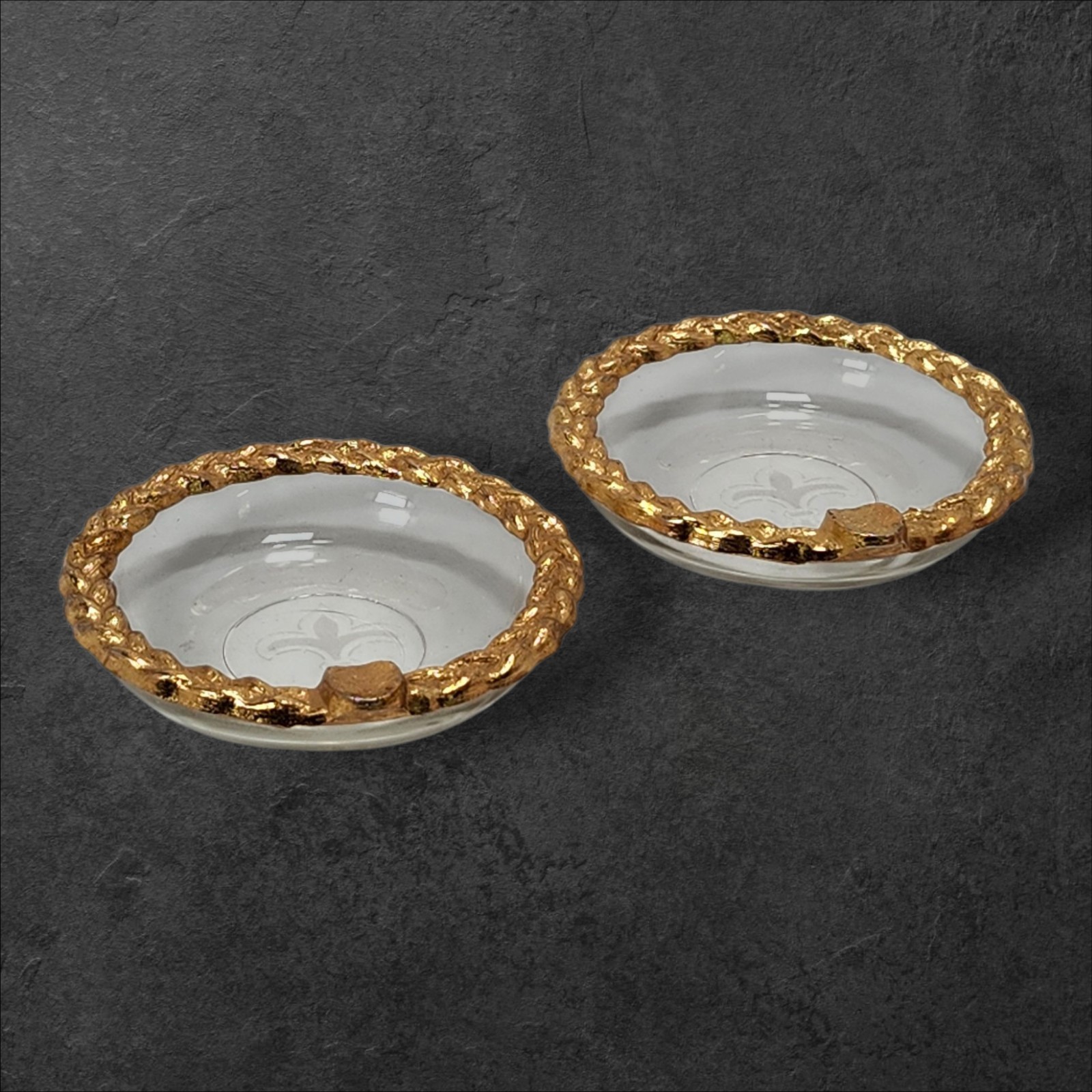 Vintage Princess House Gold Rope Glass Dishes Pair Fleur de Lis Decor Hollywood