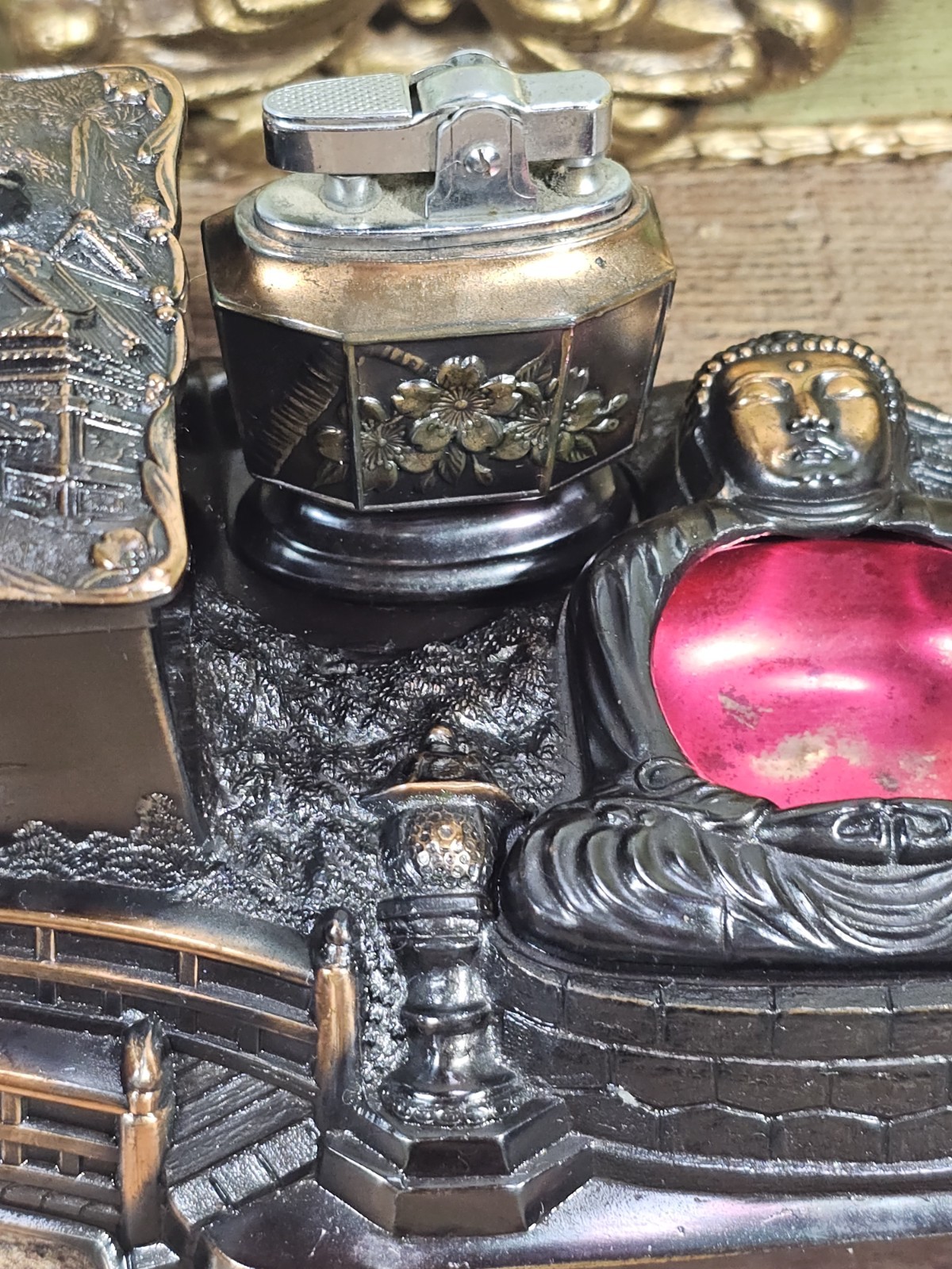 VTG Japanese Metal Tabletop Smoking Set Music Box(works) Lighter Ashtray…