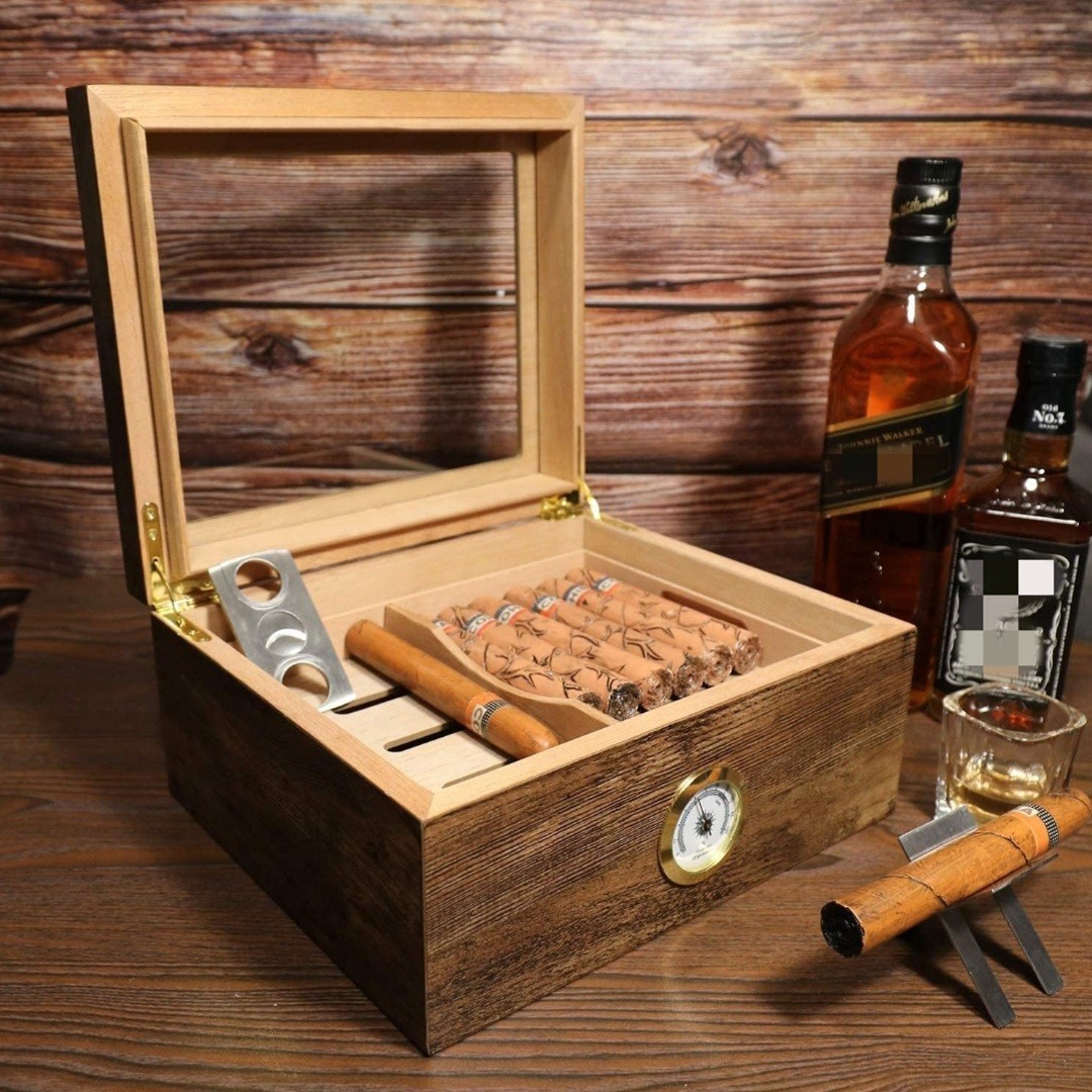 Commoda Desktop Cigar Humidor Hygrometer & Removable Slotted Wood Shelf/Tray