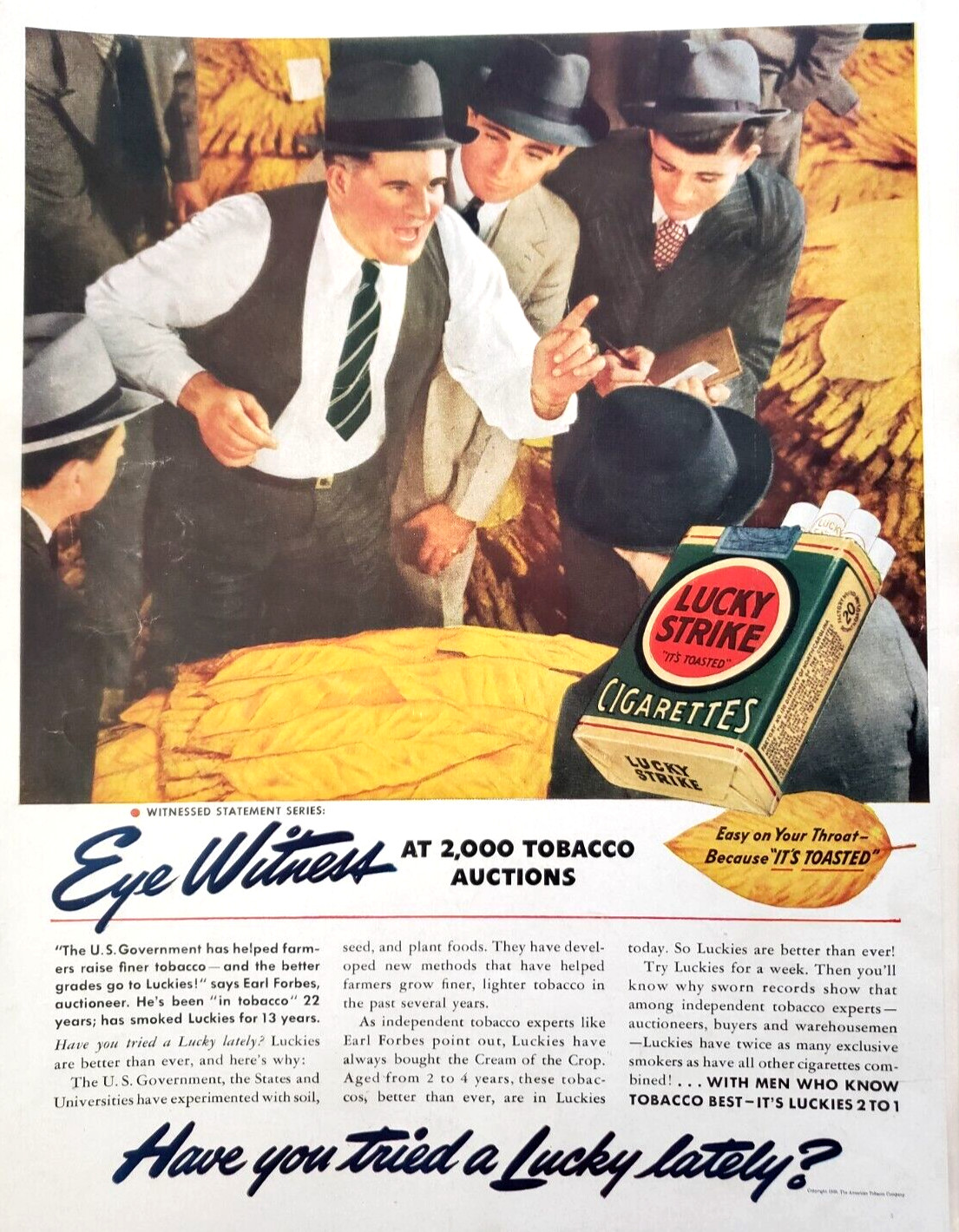PRINT AD Lucky Strike Cigarettes 1939 10.5×13 Eye Witness Men in Fedoras