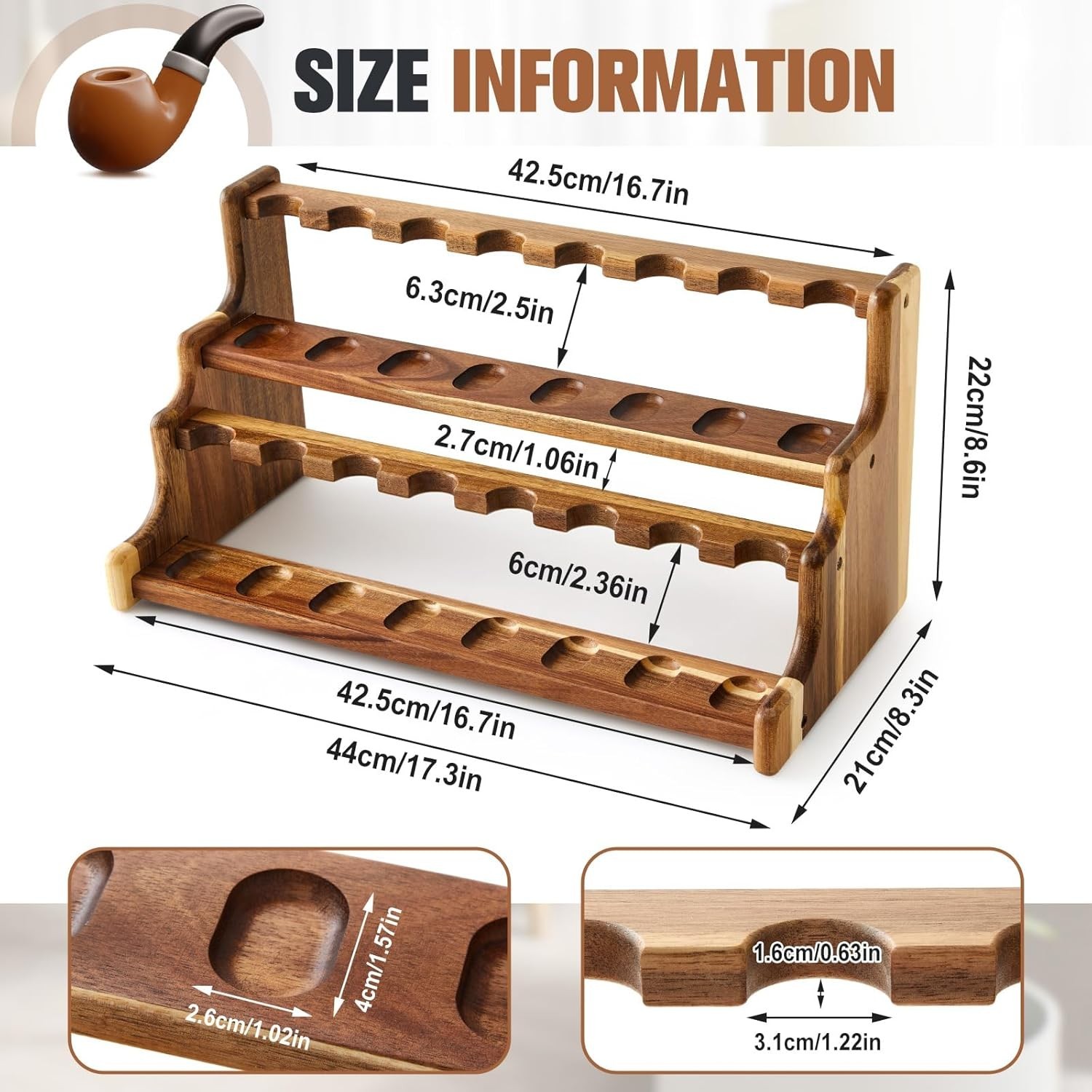 Yalikop Acacia Pipe Stand Holder for 16 Smoking Pipes, Acacia Double-layer