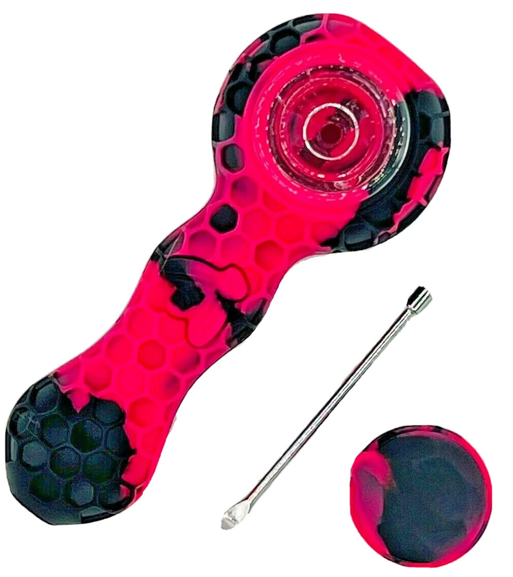 HONEY BEE Silicone Hand Smoking Pipe with Stash Pot in Black / Pink