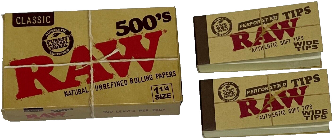 Raw 500’s Classic Natural Unrefined Rolling Papers With Tips **Free Shipping**