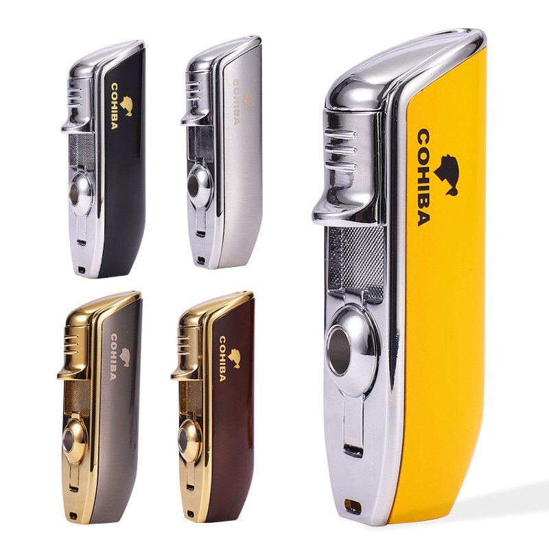 Cigar Cigarette Lighter Triple Jet Flame Torch w/ Punch Refillable Butane No Gas