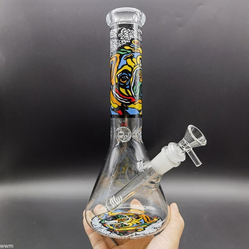 10″ Abstract Dog Pattern Glass Bong Smoking Hookah Water Pipe Bubbler 14mm Bowl