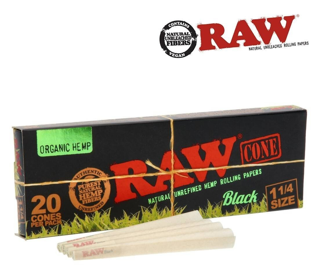 Raw Classic Black Organiic 1 1/4 CONE Rolling Papers 20 Cones/PK 79mm USA SHPD