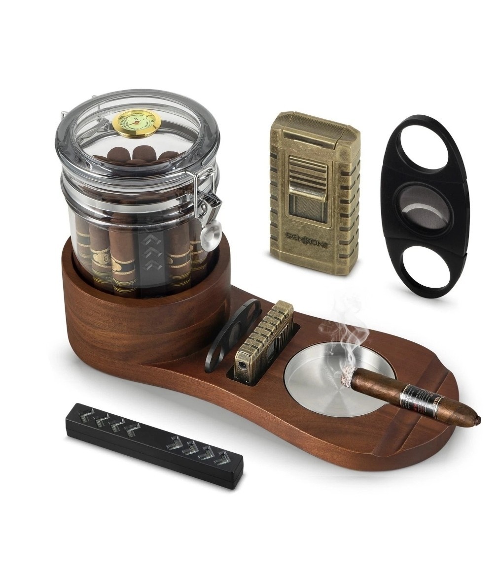 SEMKONT Cigar Humidor and Ashtray Set,Wooden Tray with Acrylic Humidor Jar,Cu…
