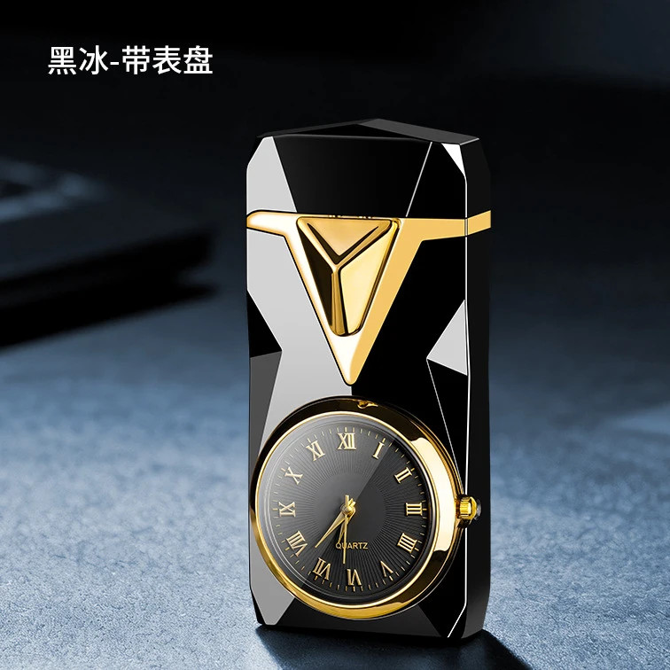 2-in-1 Dual Flame Butane Lighter with Quartz Watch Windproof Luxury Metal..