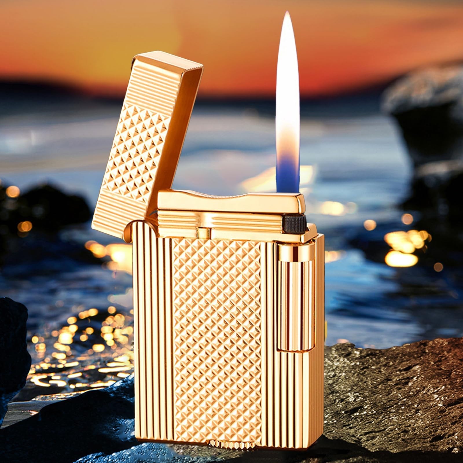 Brushed Zinc Alloy Butane Lighter, Adjustable Flame, Refillable, Outdoor Camping