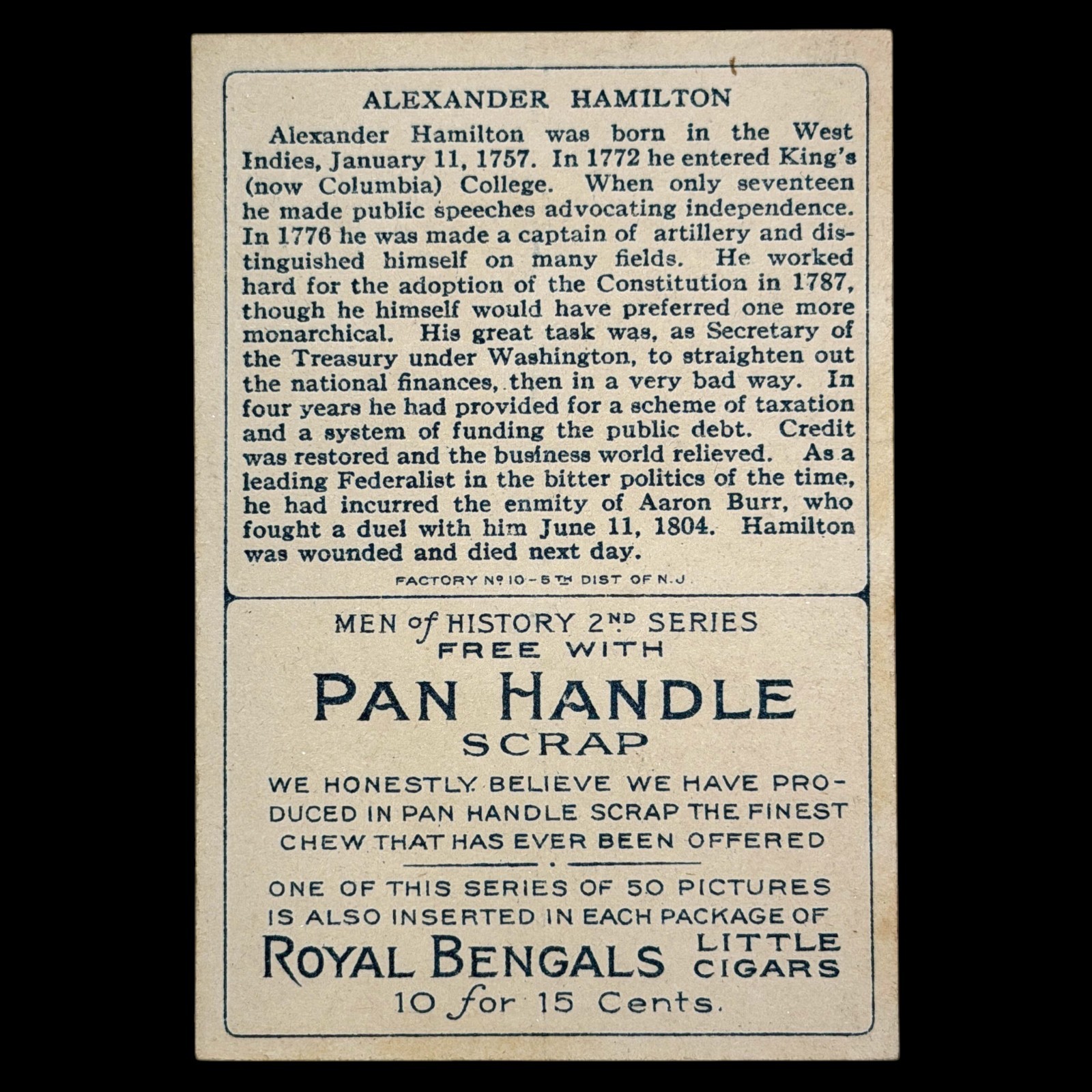 1911 Pan Handle Scrap Alexander Hamilton Men of History 2nd Series Tobacco Card