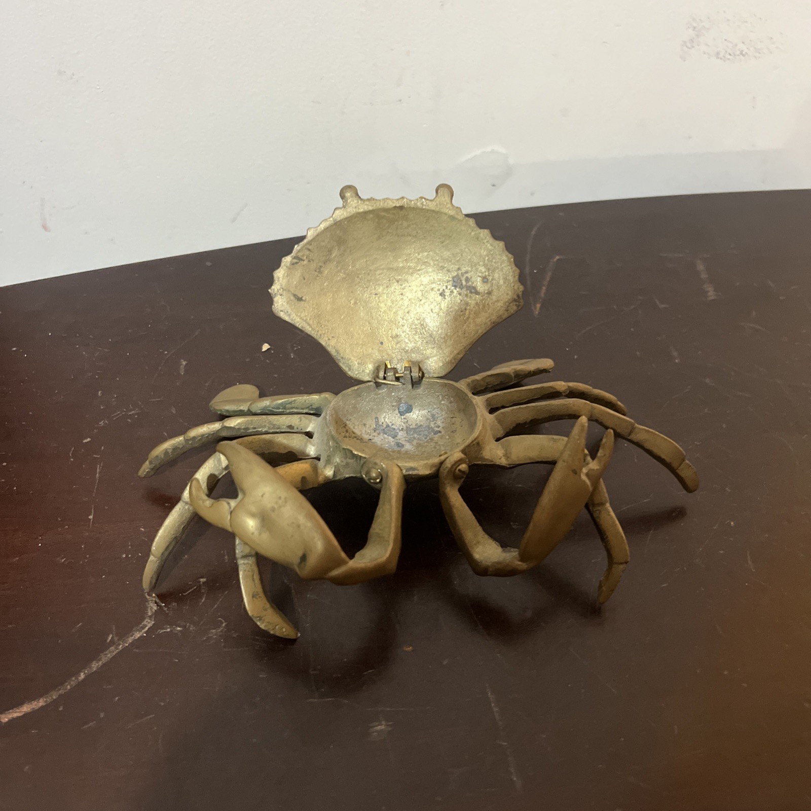 Vintage Hinged Brass Crab Lift Top Trinket Dish Cigarette Ashtray 7 “