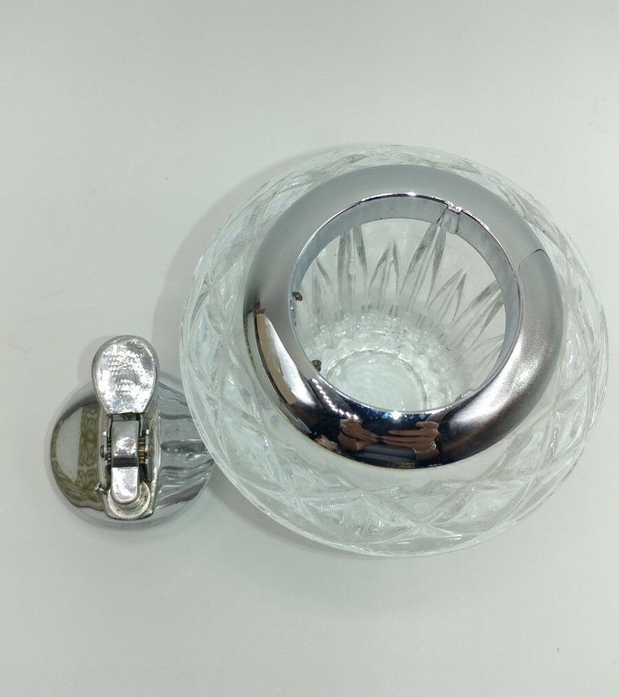 Vtg Clear Crystal Cut Glass Table Top Lighter Chrome Cigarette Tabaco 4.5″ Japan