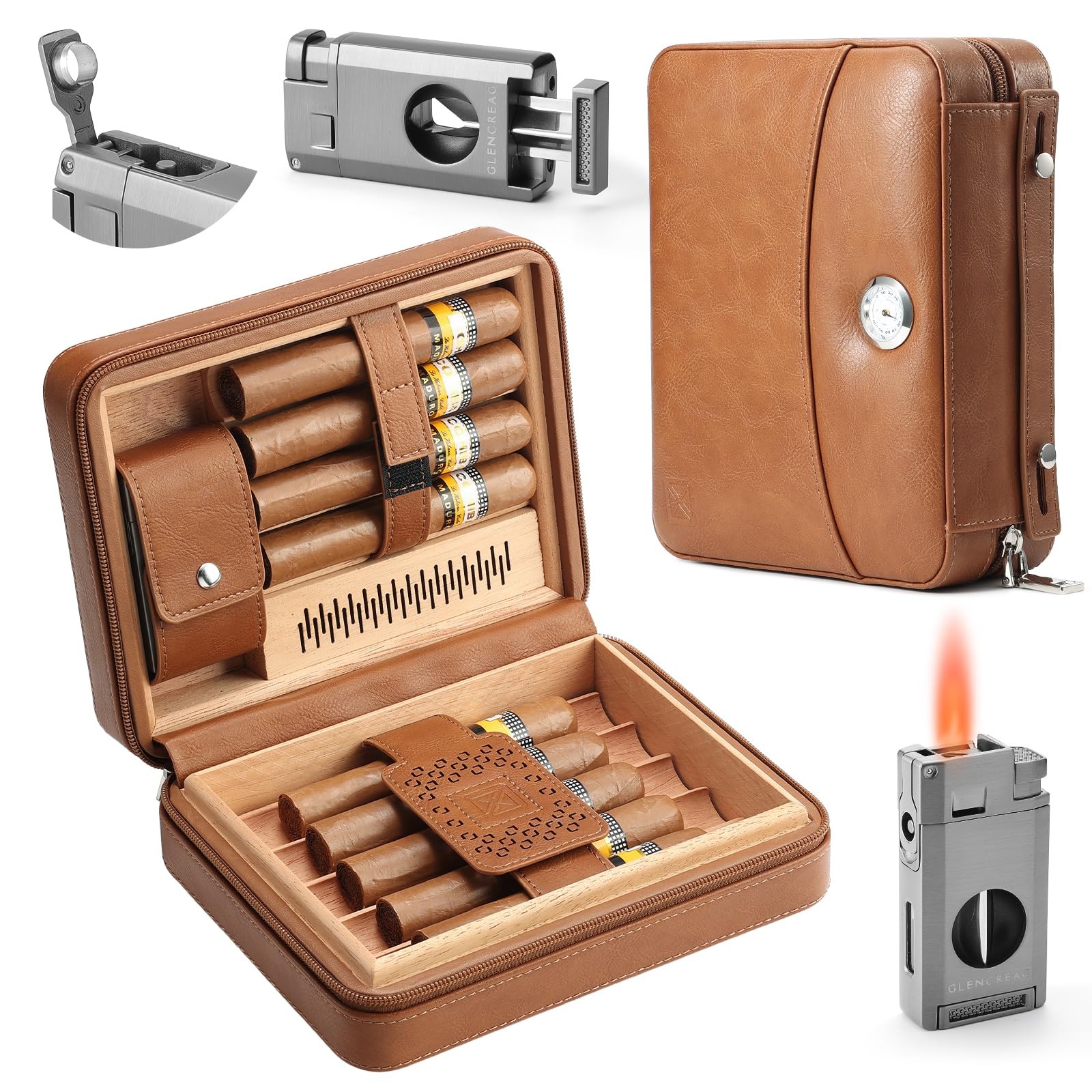 Travel Cigar Case, Leather Cigar Case with Spanish Cedar Lining, Built-In Hygrom