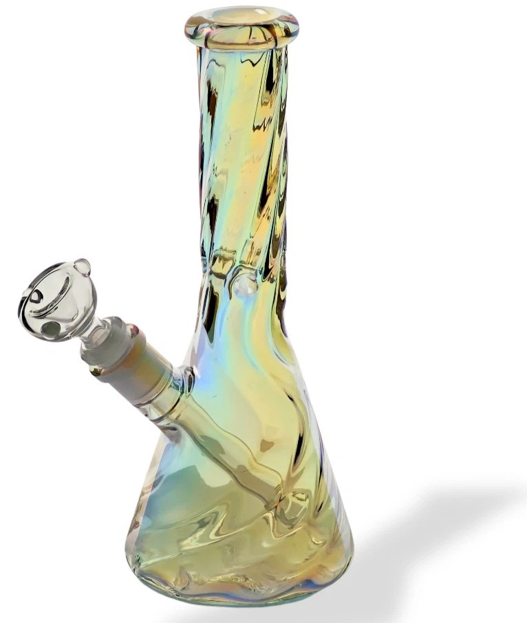 10″ Tall Iridescent Rainbow Swirl Beaker Bong, Ice Pinch, Down Stem Perc & Bowl