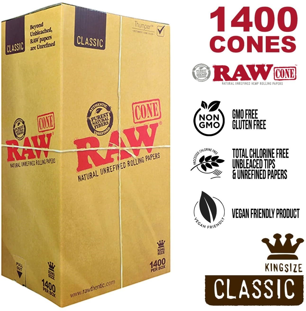 Authentic RAW CONE Classic KING Size Pre-Rolled Cones 1400 ct Bulk Box