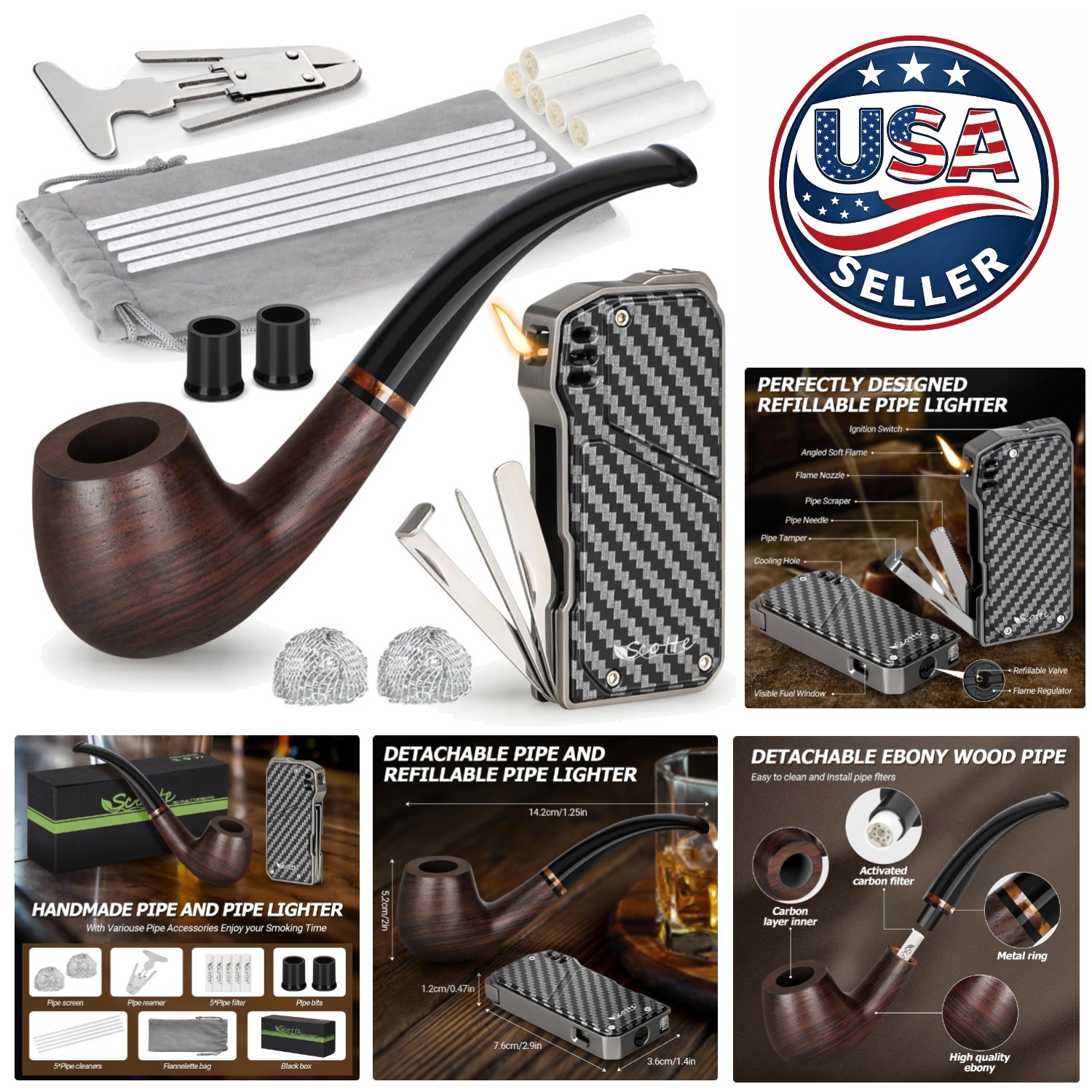 4-in-1 Refillable Butane Lighter & Handmade Pipe with Accessories – Perfect Gift
