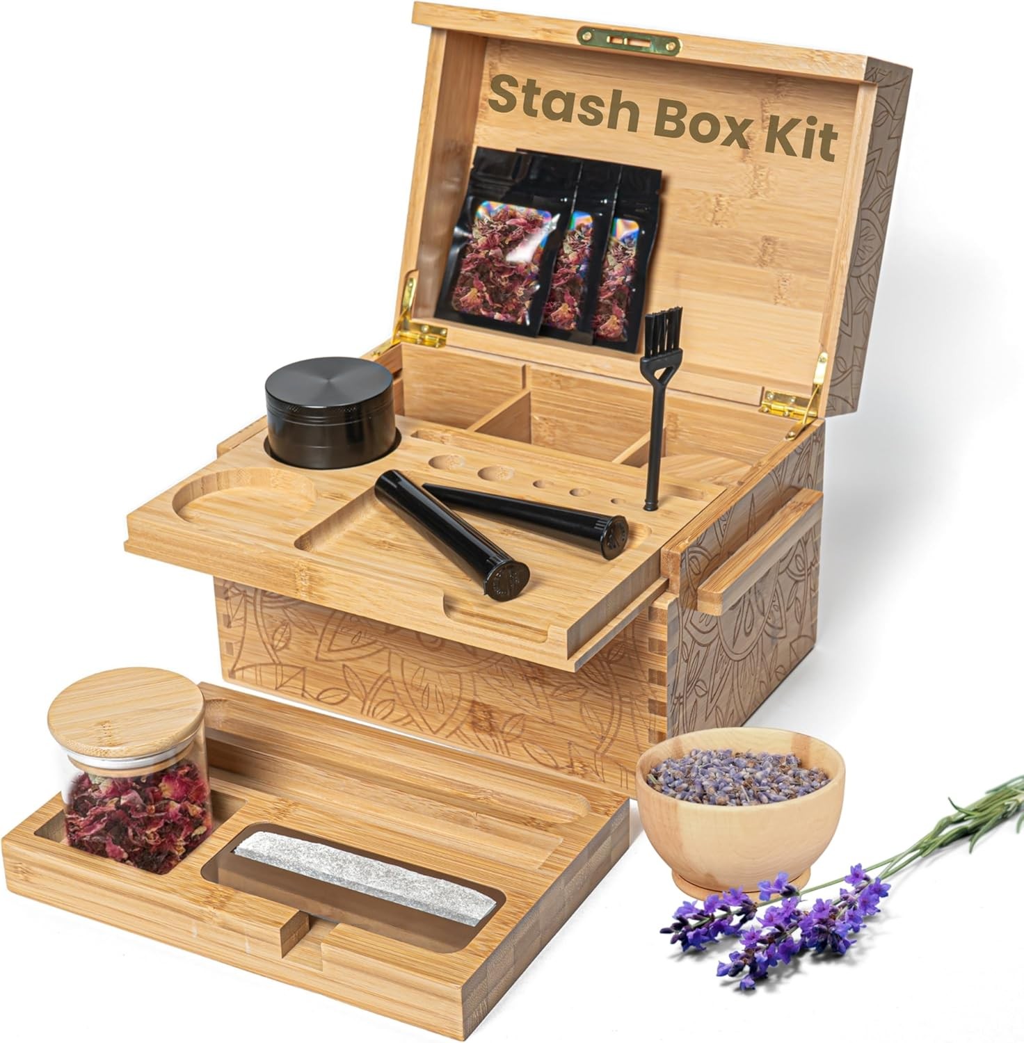 Stash Box With Combo Lock & Accessories Set – Lockable Wooden Stashbox, Storage