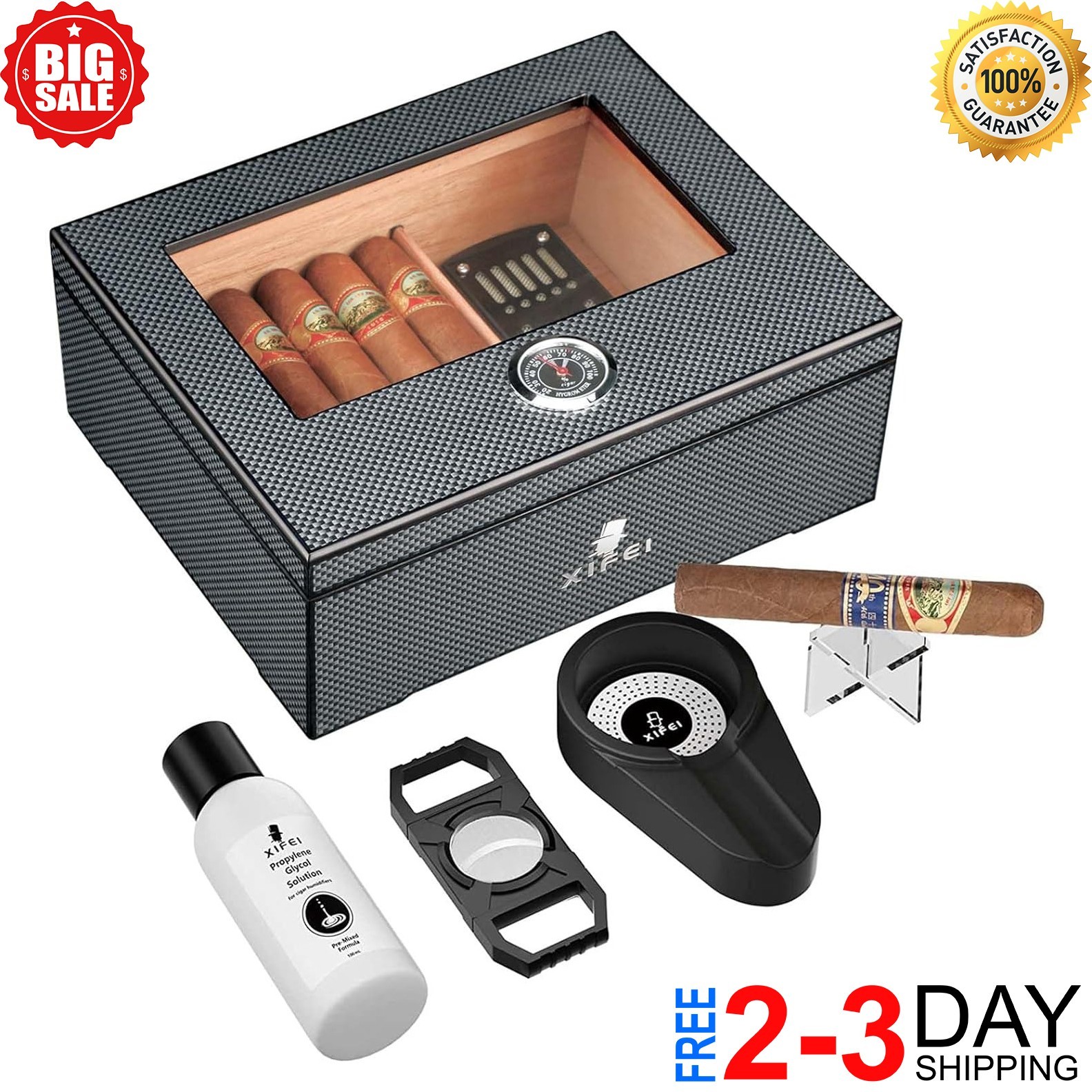 Glass Top Cedar Wood Cigar Humidor Case Storage Box with Digital Hygrometer NEW