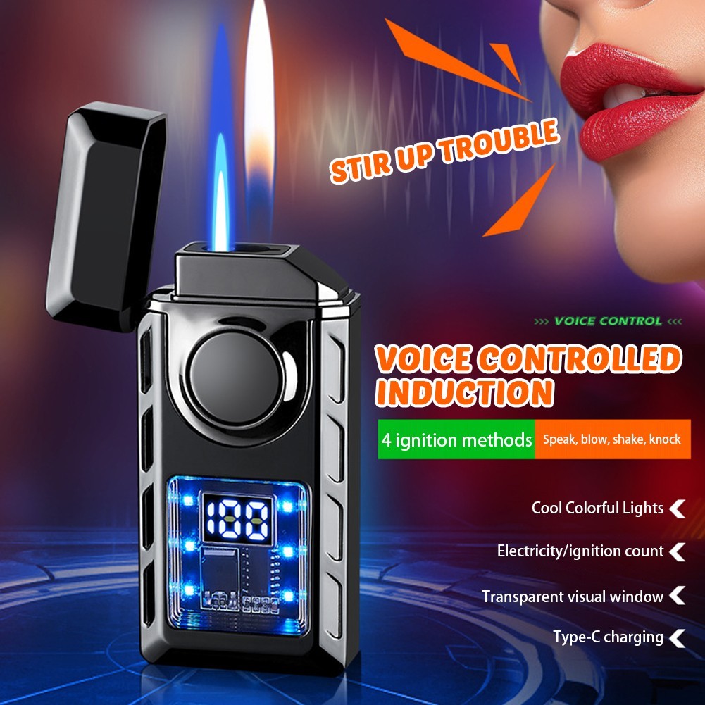 Voice Controlled Ignition Dual Flame Butane Gas Lighter Switching Jet Fire