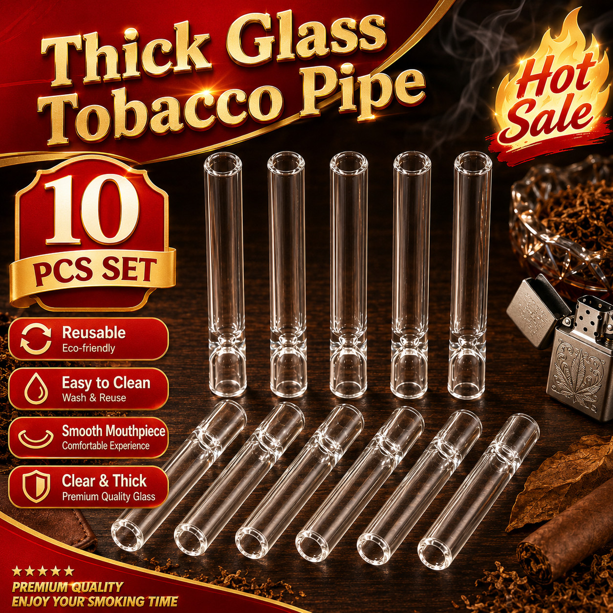 10 Pack Thick Glass Tobacco Pipe One Hitter Reusable Smoking Tube Accessory Set