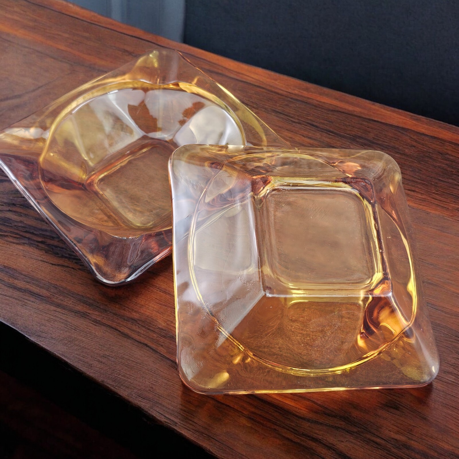 VTG Amber Honey Gold Glass Ashtrays Square 4 Slot 1970s Retro Man Cave Bar READ
