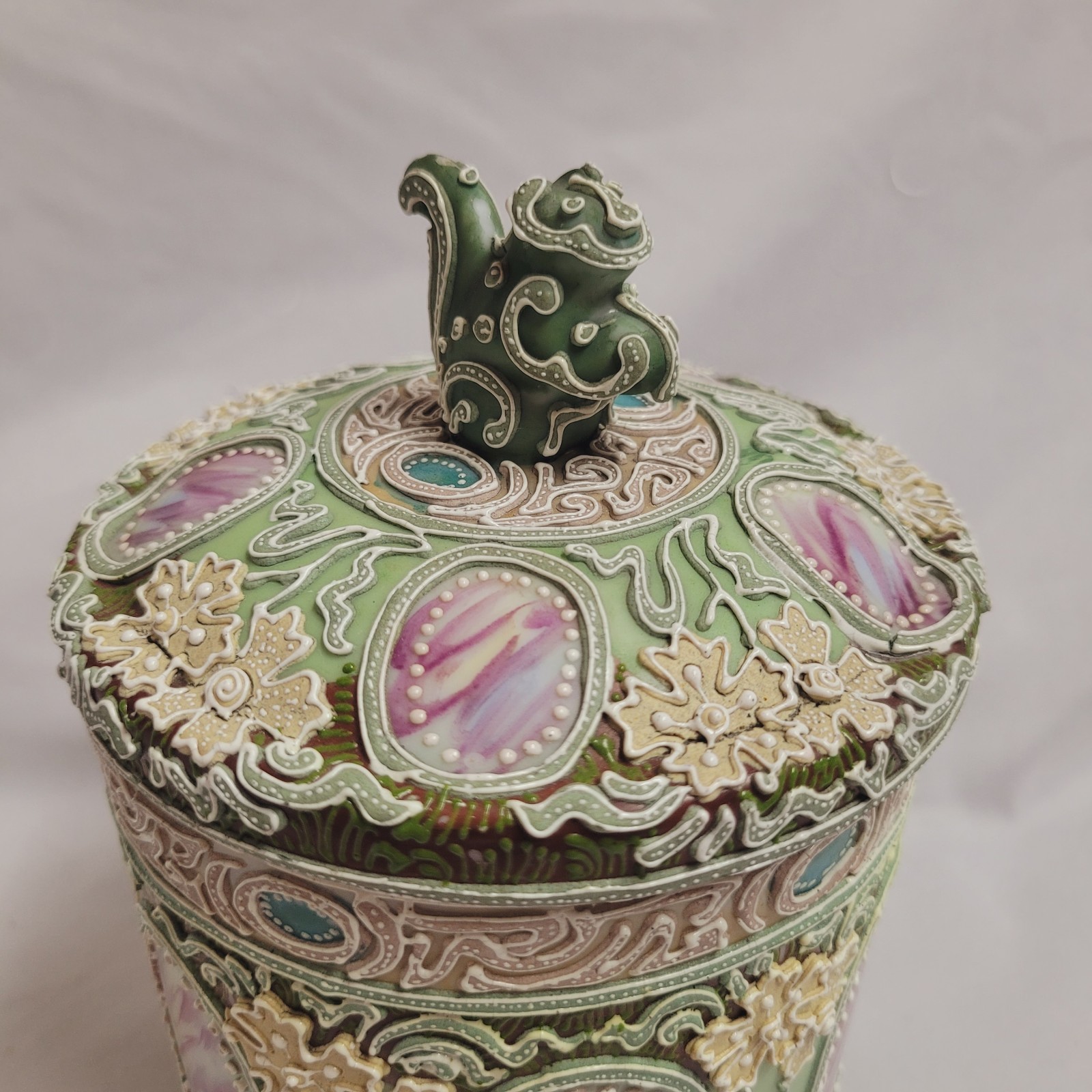 Beautiful Antique Porcelain Nippon Japan Moriage Squirrel Humidor Tobacco Jar