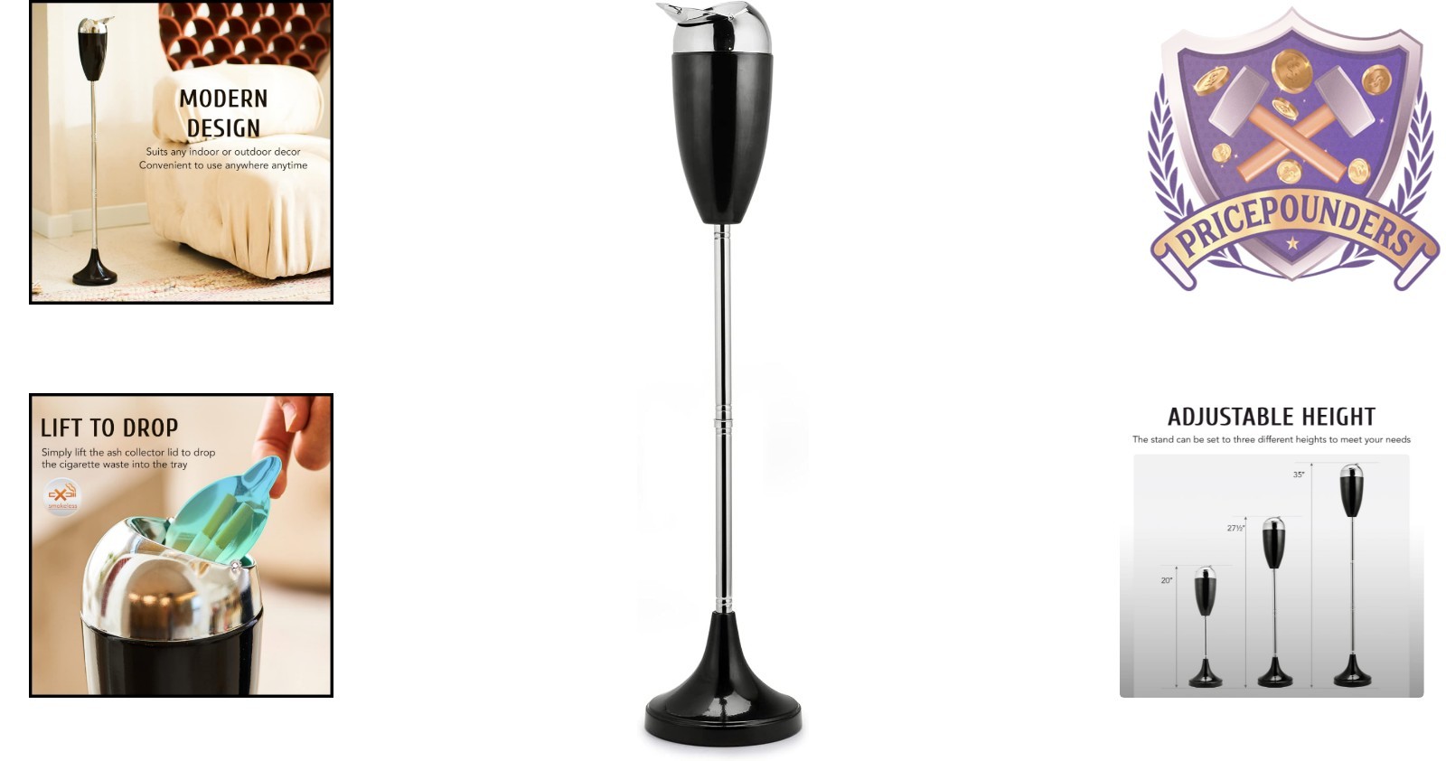 Adjustable Stainless Steel Ashtray 3 Heights Smokeless Indoor Outdoor Patio