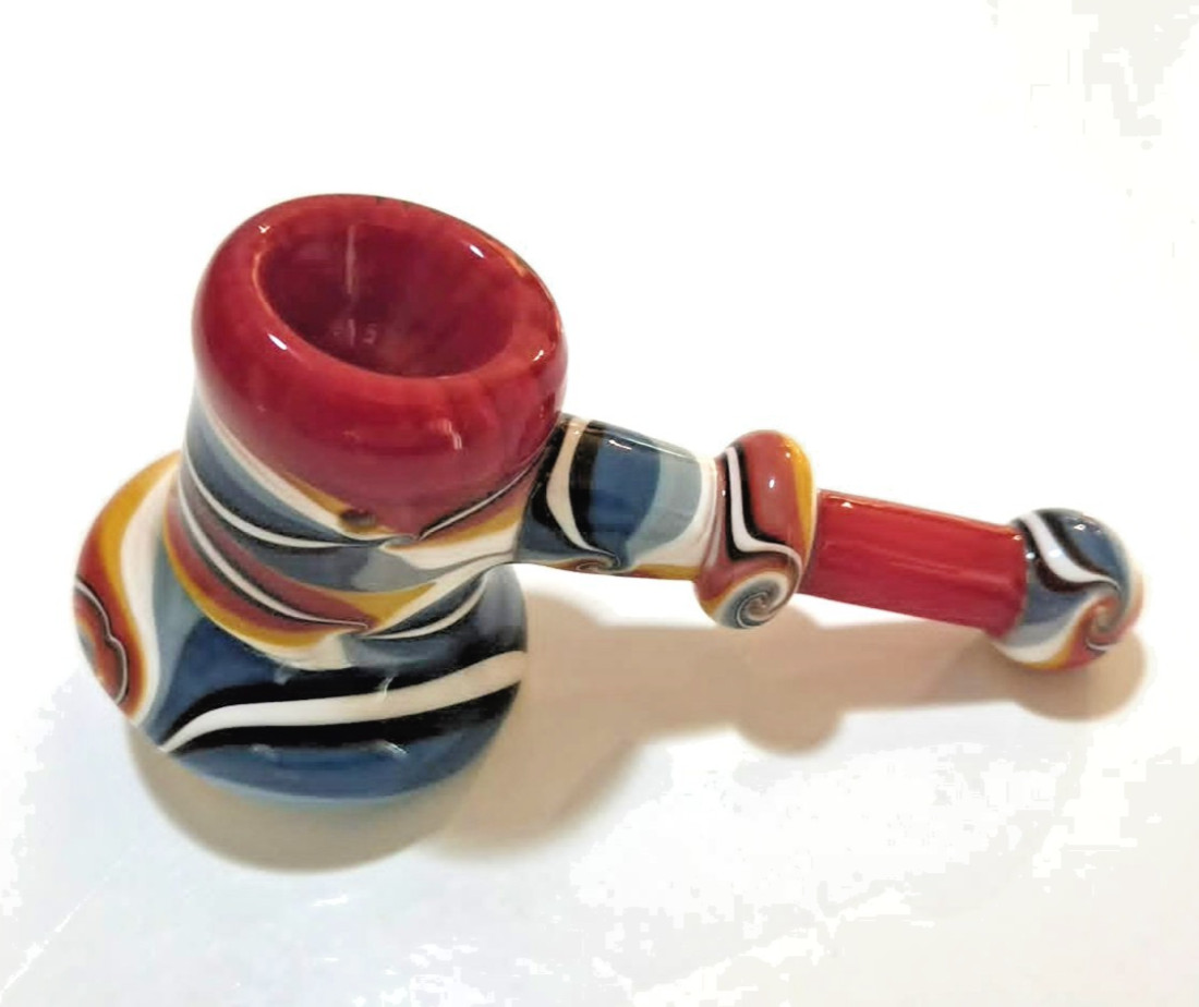Collectible Red and Blue Glass Hammer Pipe, Handblown with Vibrant Swirls