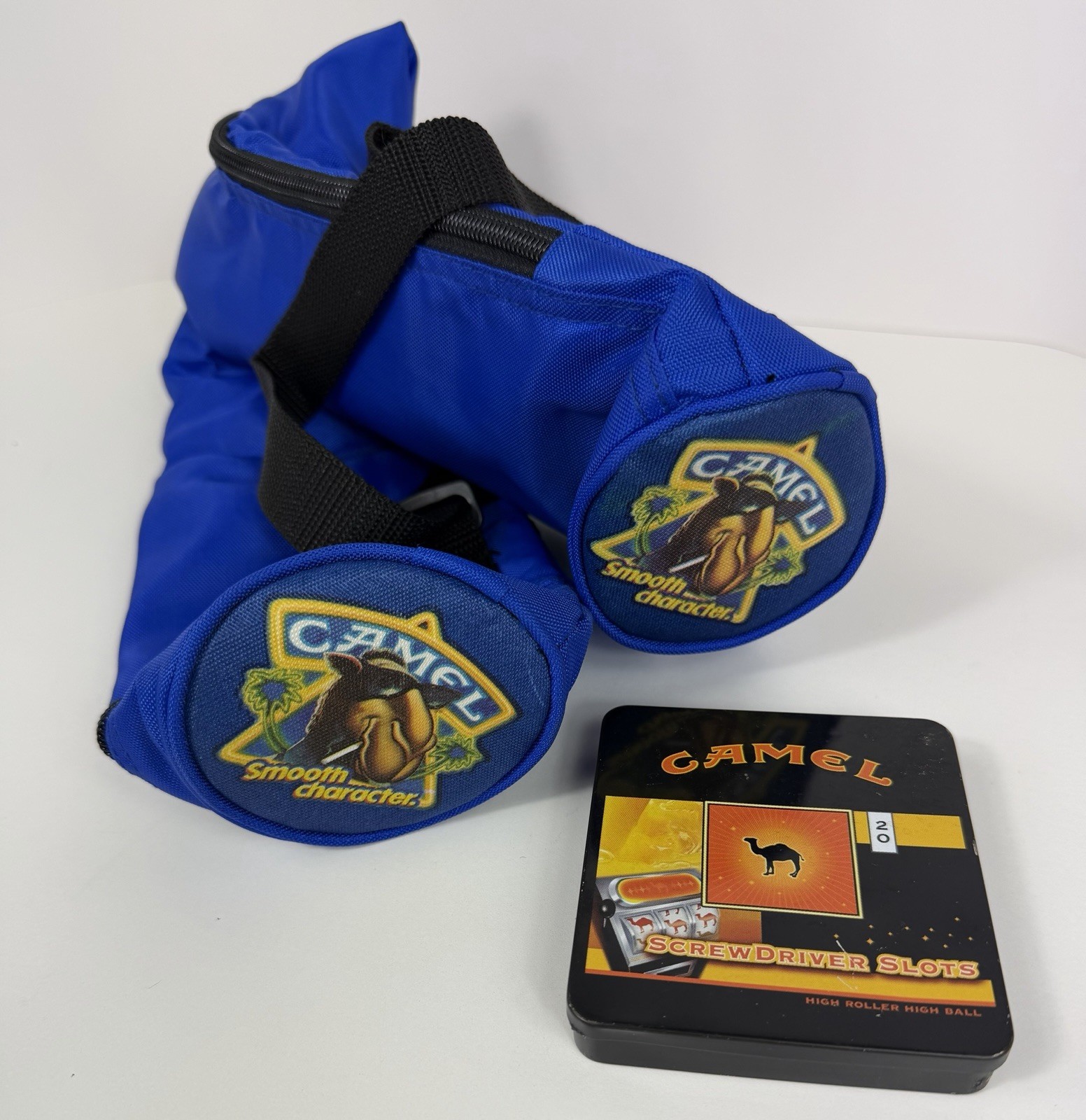 Vintage Joe Camel Shoulder Can Cooler and Tin Collector Memorabilia Tobacciana