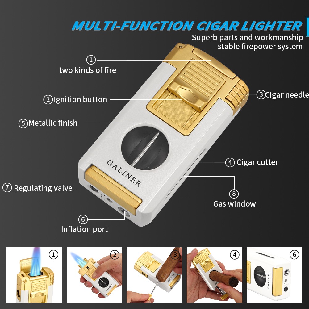 Windproof Metal Cigar Lighter 3 Jet Flame Torch W/ Punch Refillable Gas Cohiba