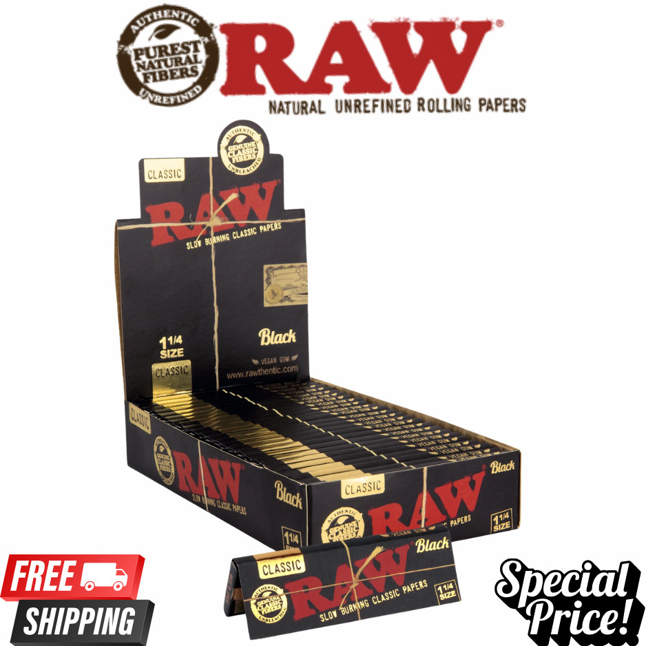 RAW Authentic Black Classic 1¼ Rolling Papers 1 1/4 Size Unrefined Slow Burn
