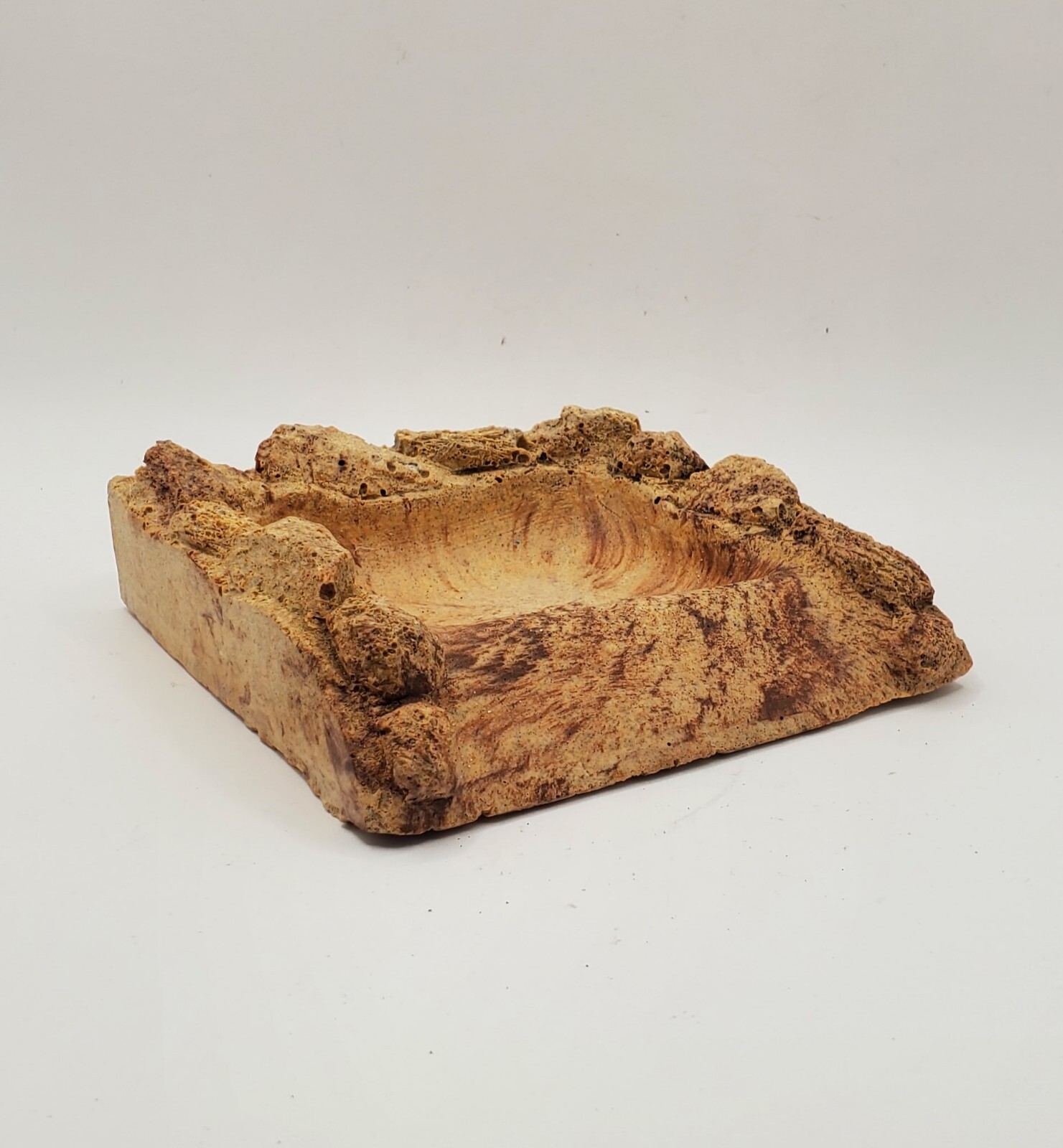 Vintage Handmade SandStone Pottery Brown Beige Stone-shaped Ashtray 4.5 × 5 In