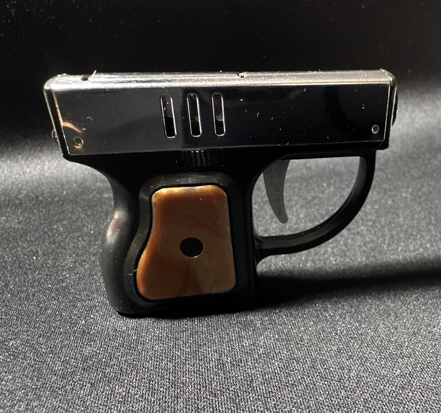 Vintage Gun-Shaped Pistol Lighter Black & Silver w/ Brown Grip Handle