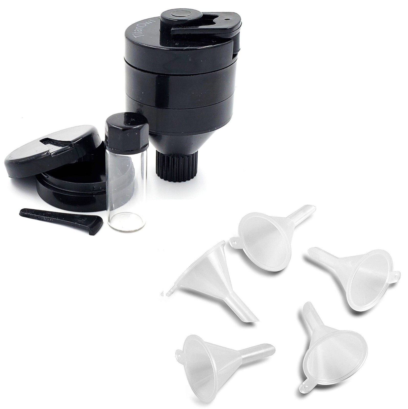 Plastic Spice Funnel Crank Grinder Hand Mill 1.6 Portable Glass Vial + 5 funnels