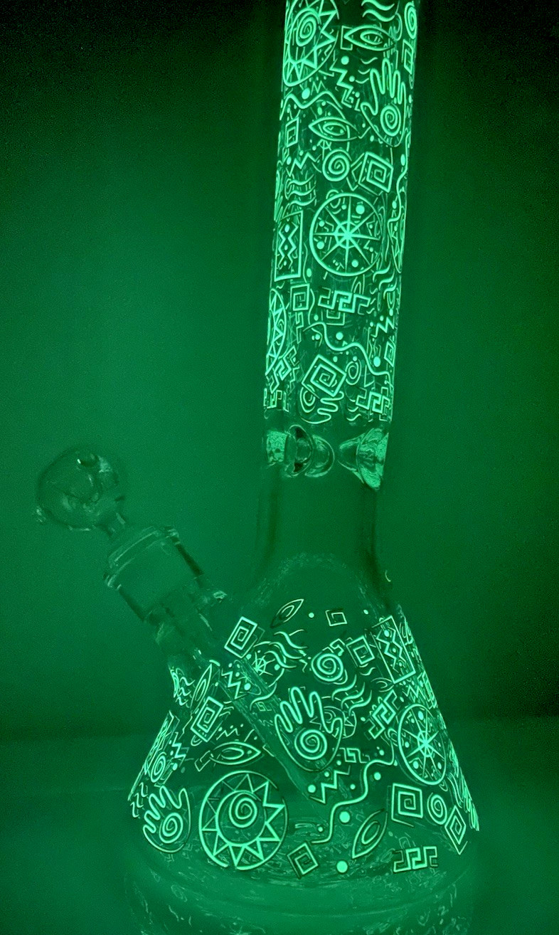 14″Glow in the Dark 7mm Glass Water Pipe Bong Beaker Ice Catcher 5.75″ Base 14mm