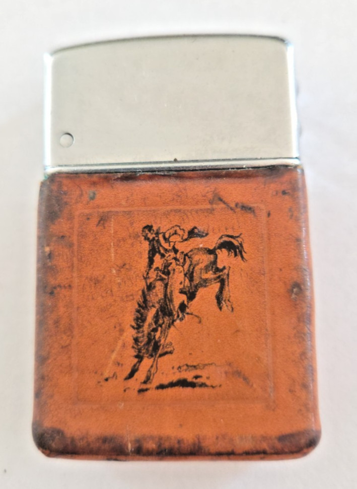 Vtg Brown & Bigelow Wind Master Lighter Western Cowboy Bronco Leather Wrap MCM