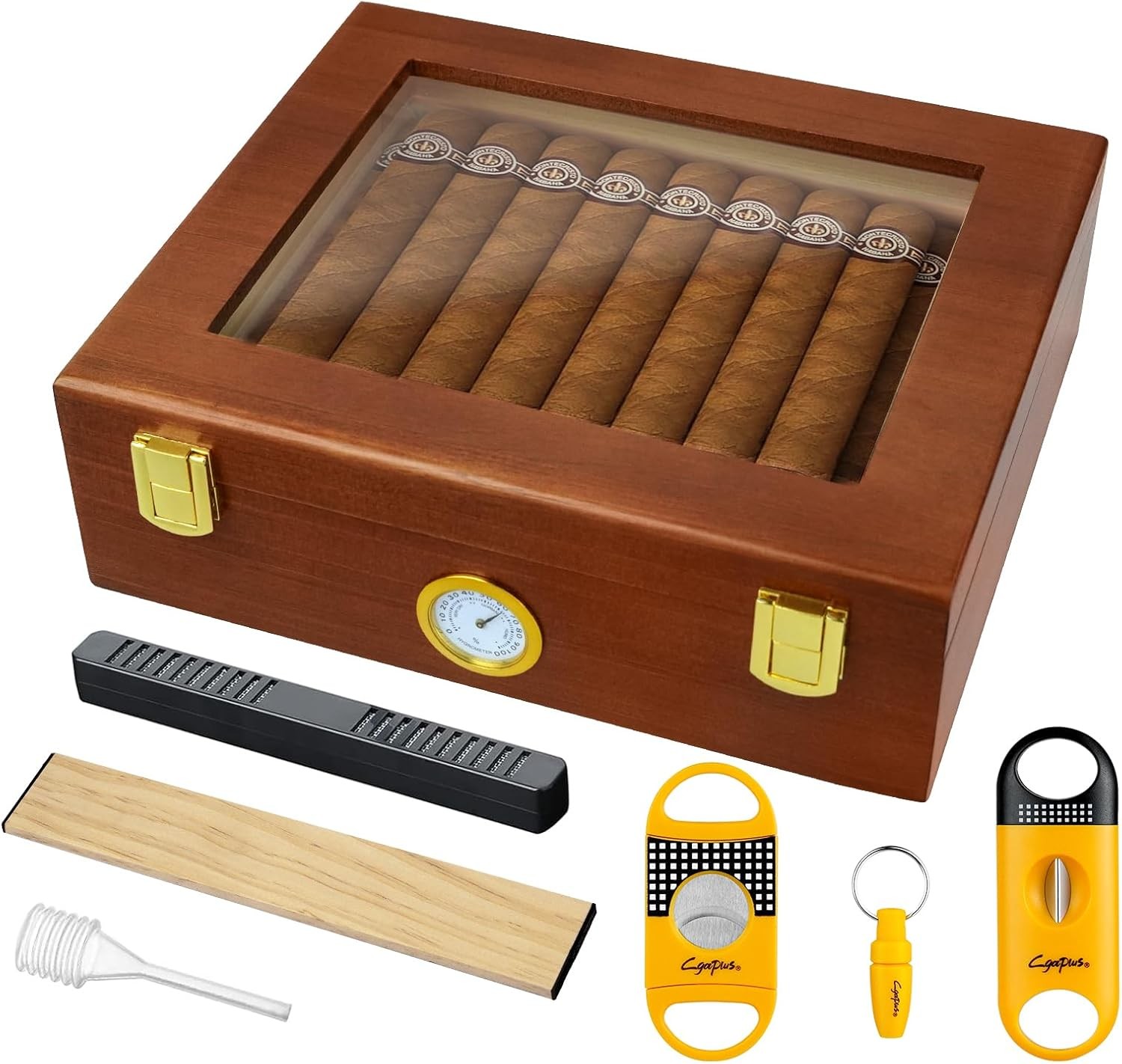 Cigar Humidor Box Glass Top w/ Hygrometer Humidifier Cutter 20-30 Cigars