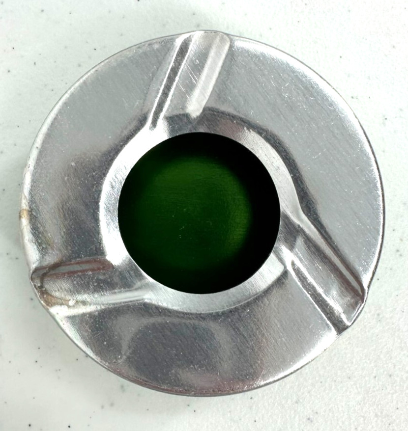 Mid-Century Modern Round Green Metalware Aluminum Ashtray With Silver Metal Lid