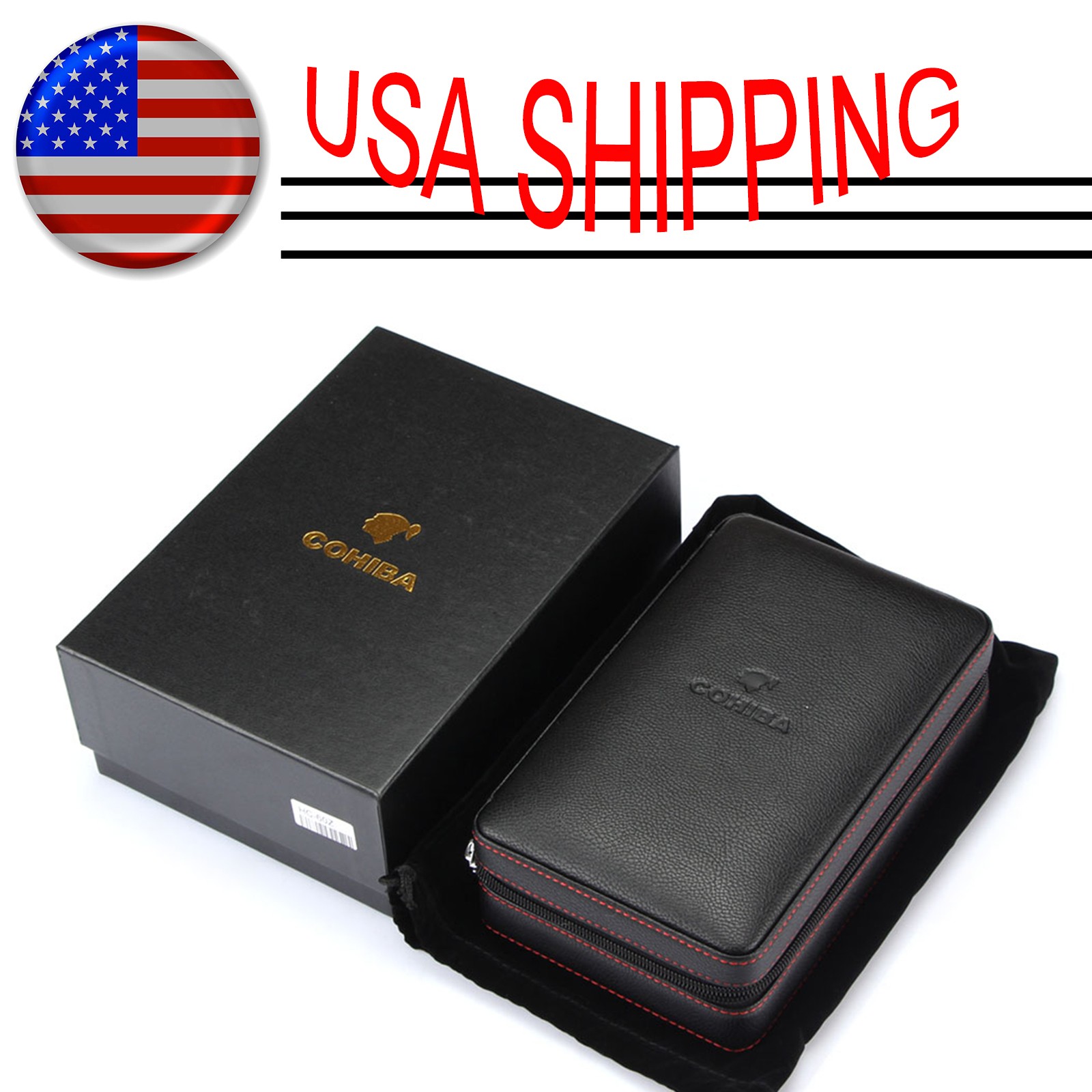 Cigar Case Portable Cedar Wood Leather Cohi Travel Humidor Box 4 Cigars Black
