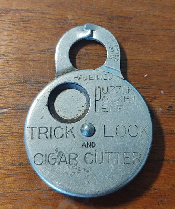 Antique Cigar Cutter Puzzle Pocket Piece Trick Lock Novelty Patent date 1915
