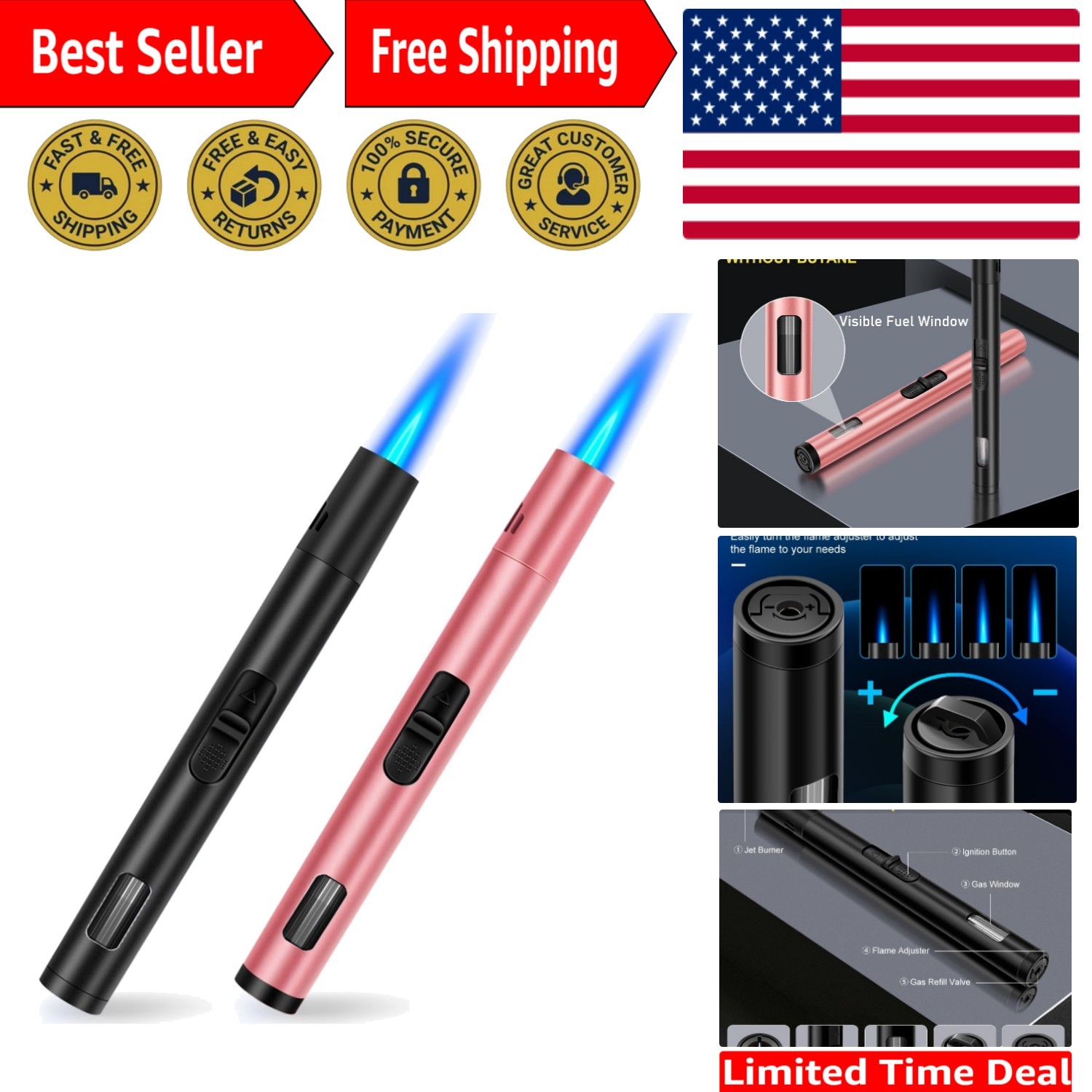 Ergonomic Butane Lighters – 2 Pack with Windproof Features for Indoor & Outdoor