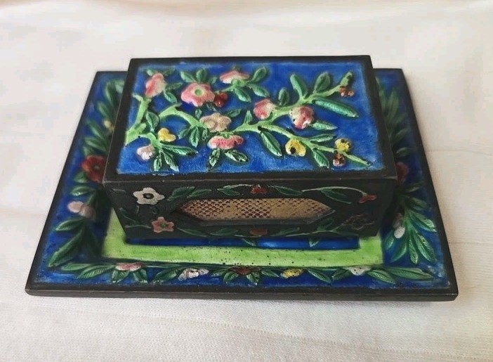 Vintage Chinese Cloisonne Matchbox Holder And Trinket Tray Blue,pink, Green