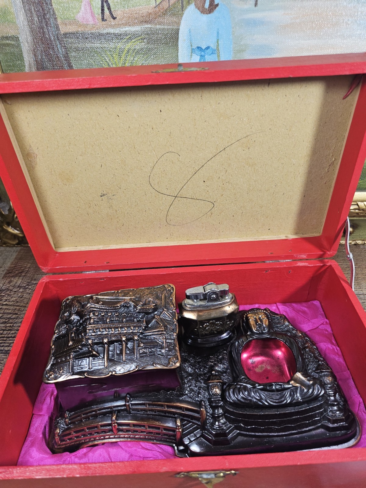 VTG Japanese Metal Tabletop Smoking Set Music Box(works) Lighter Ashtray…