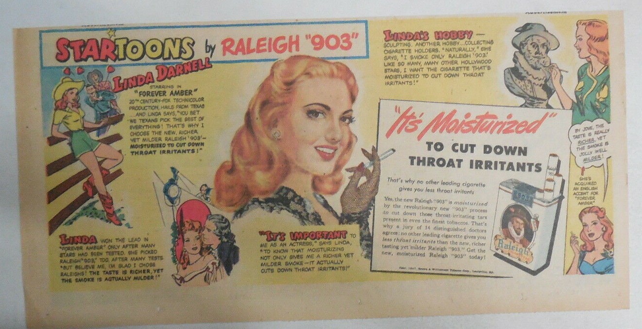 Raleigh Cigarettes Ad: Actress Linda Darnell ! from 1940’s Size: 7.5 x 15 inches
