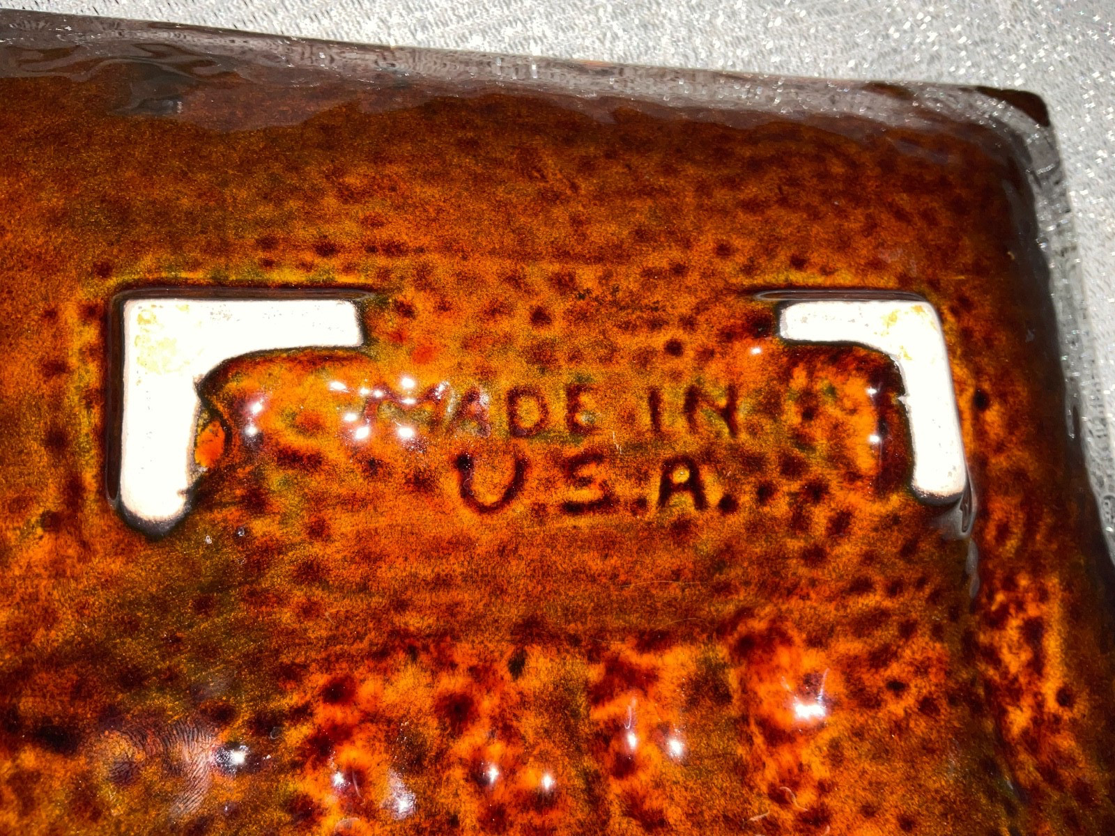 Ashtray Orange Brown MCC Glazed Square 8.5″ Made in USA Vintage Retro (Chipped)