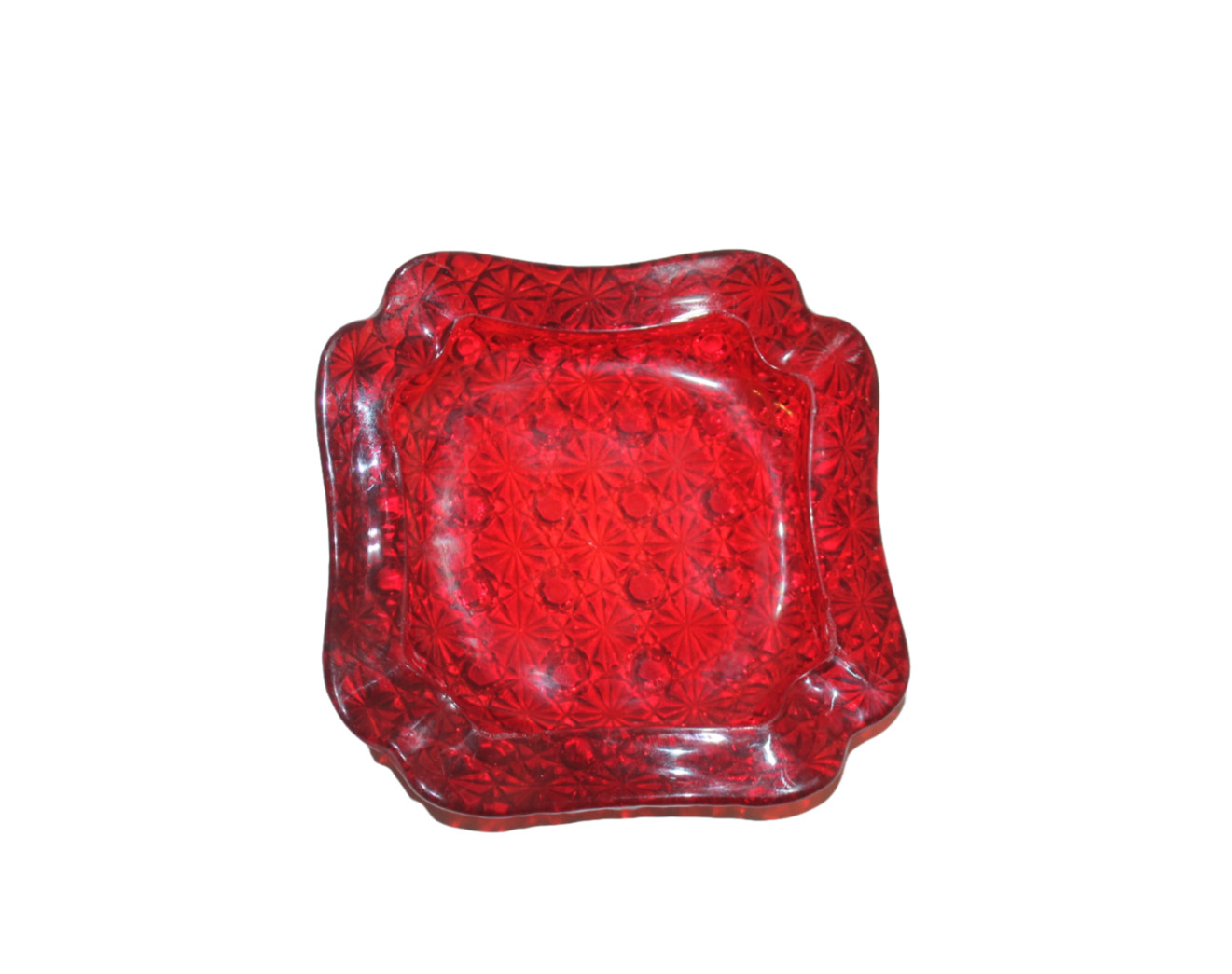 Vntg Daisy Burst & Button Ruby Red Glass Ashtray L. E. Smith RARE & Unique NICE