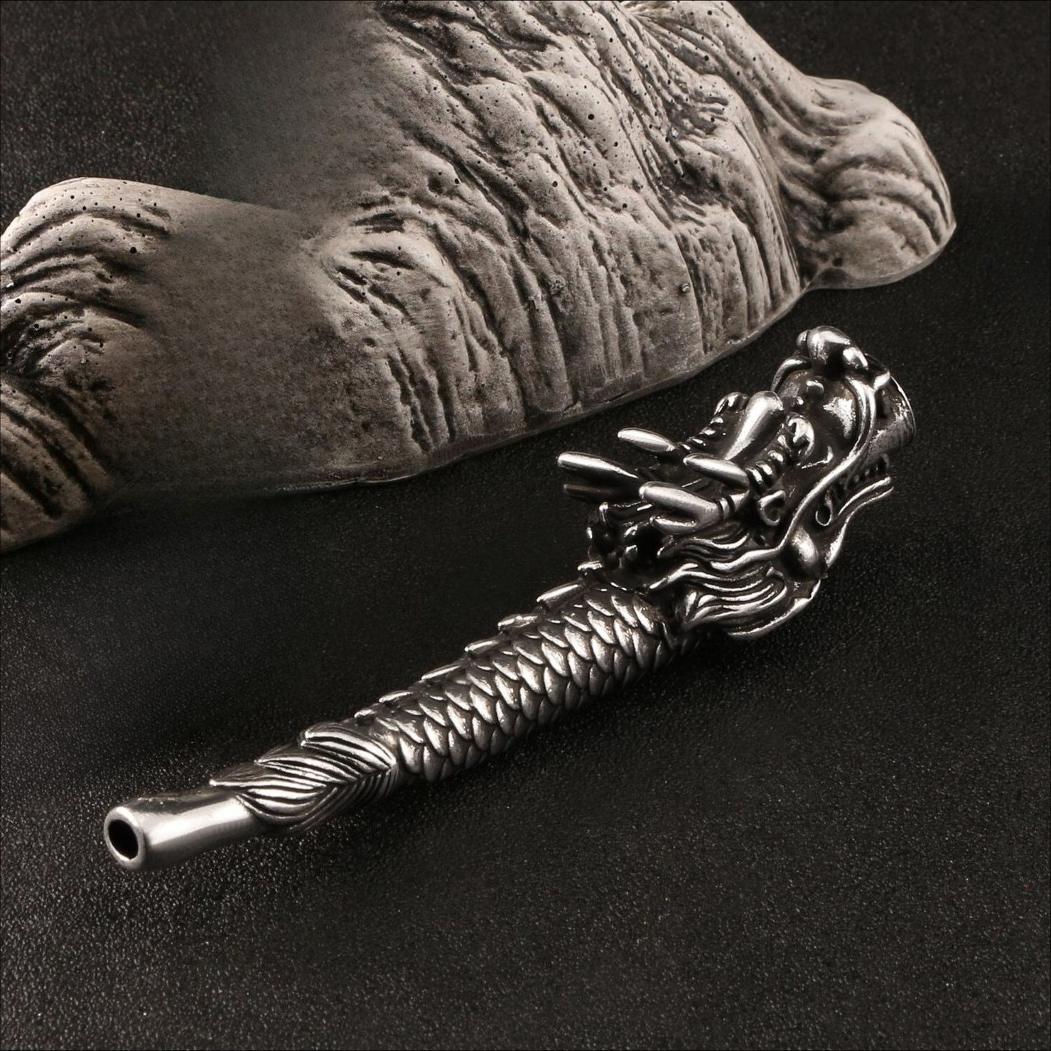Bronze Tone Dragon Head Silver Plated Pipe Long Stem
