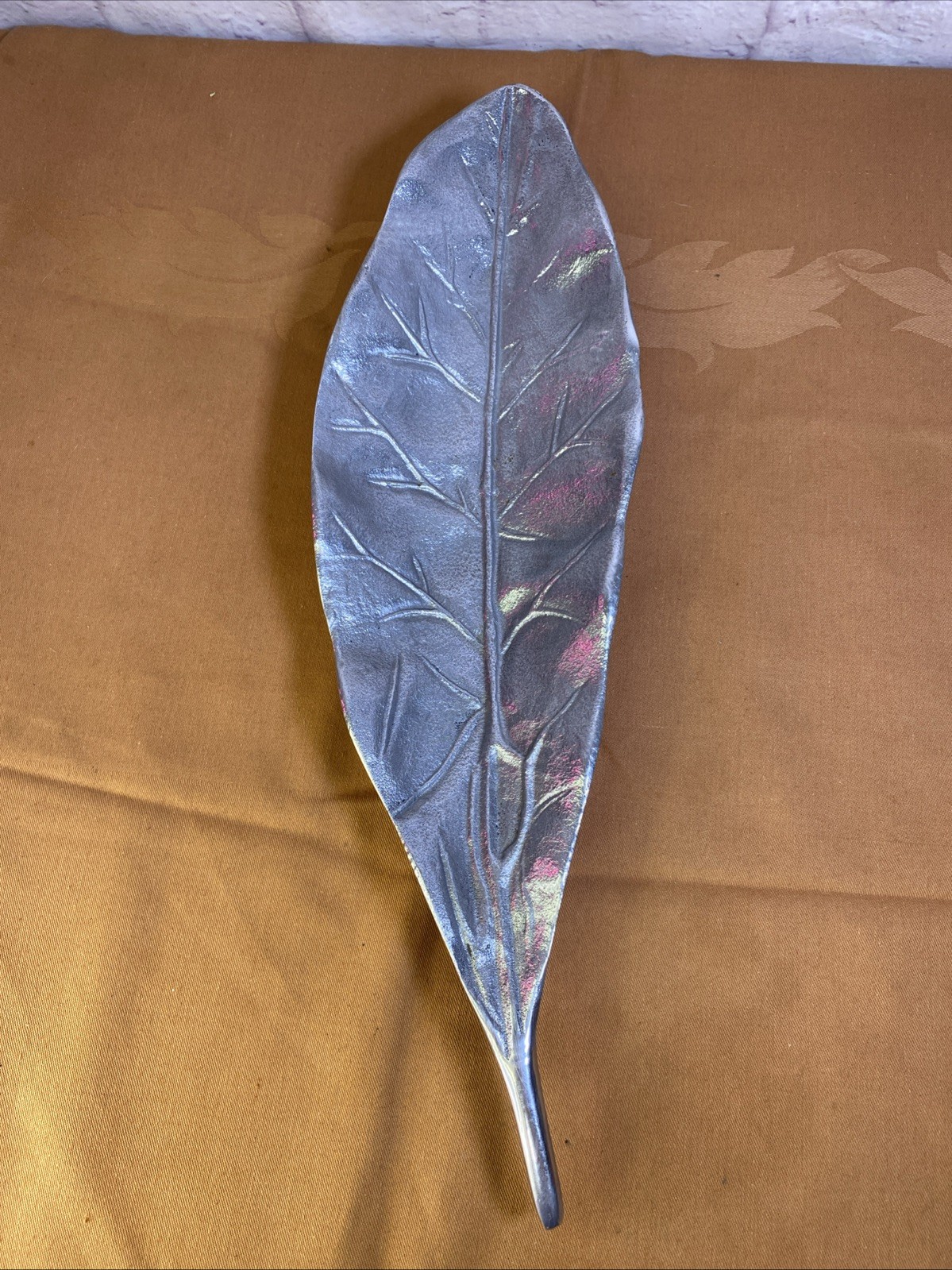 Vintage SILVER METAL TOBACCO LEAF, Tray, Dish, Decor, Made in India
